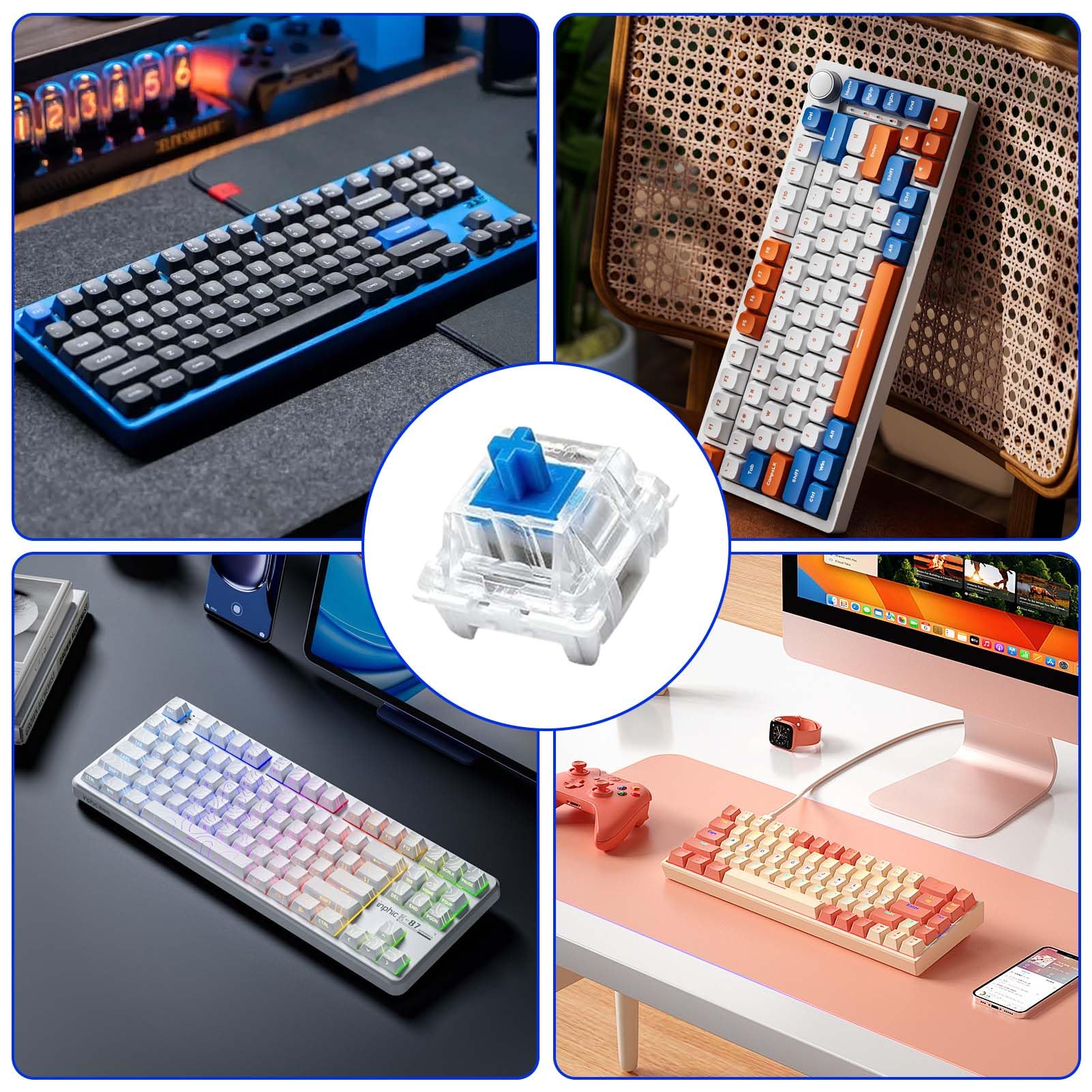 Lot de 38 commutateurs de clavier mécaniques de rechange tactiles à 3 broches, avec extracteur de touche, pour la saisie de jeu, commutateur mécanique à réponse tactile pour claviers (bleu)