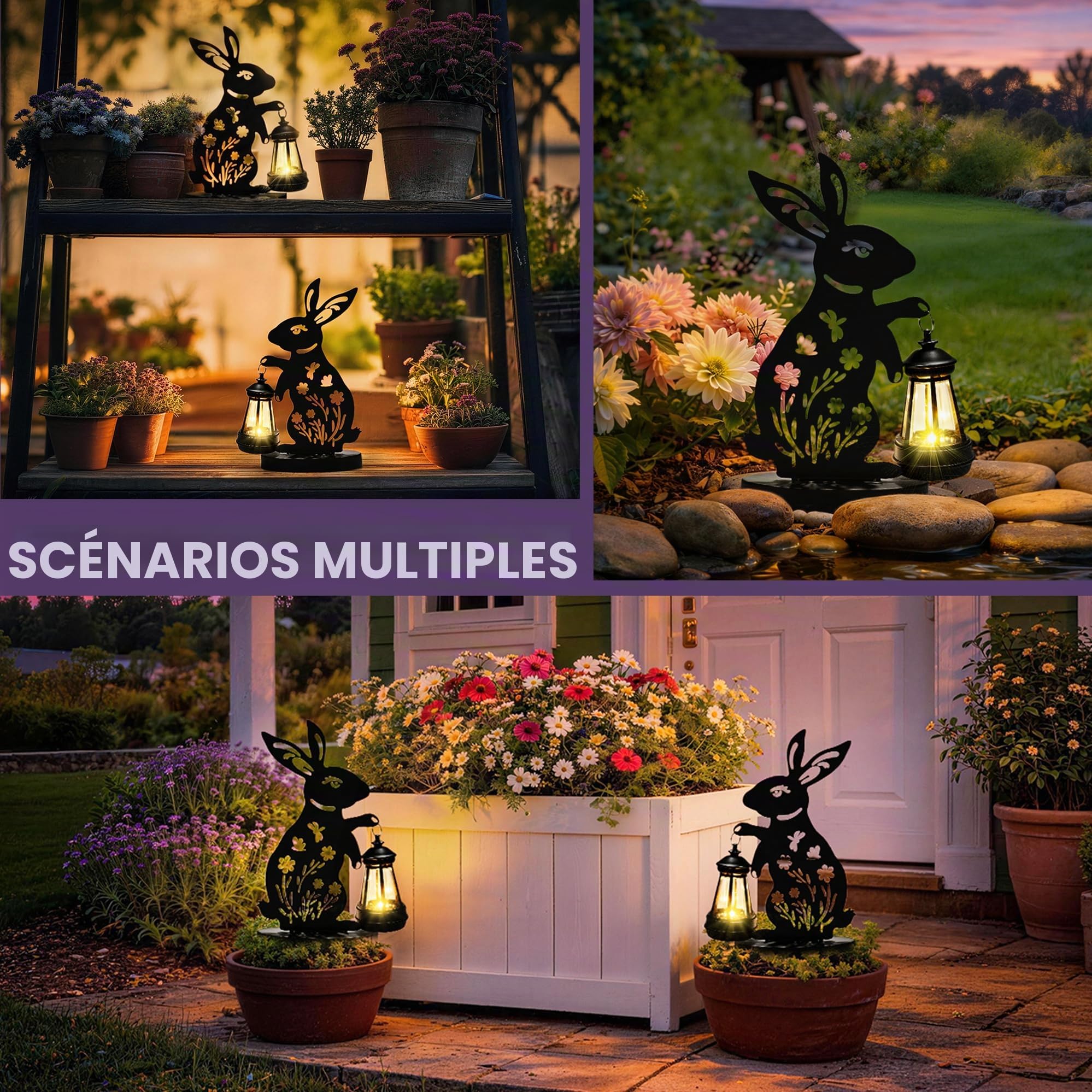 GIGALUMI Statues de Lapin,décorations de Jardin d'extérieur avec éclairage Solaire, Statues de Jardin étanches pour terrasse et Cour, Cadeaux Originaux pour Maman (Lot de 2)