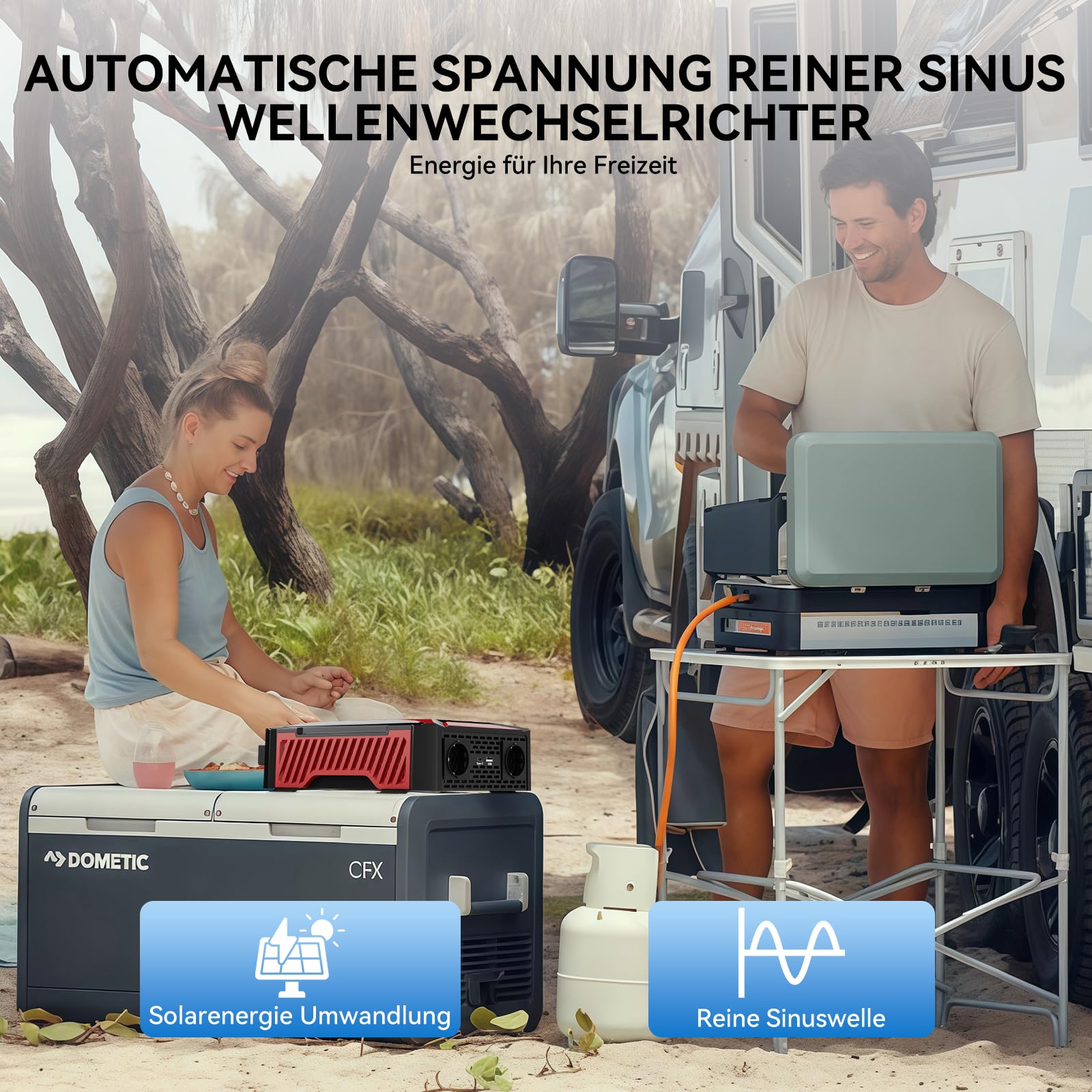 1000W/2000W Reiner Sinus Wechselrichter für 12V & 24V auf 230V, Spitzenleistung 2400W/4600W, Spannungswandler mit LCD Display, Intelligente Schutzfunktionen, 2 EU Steckdosen