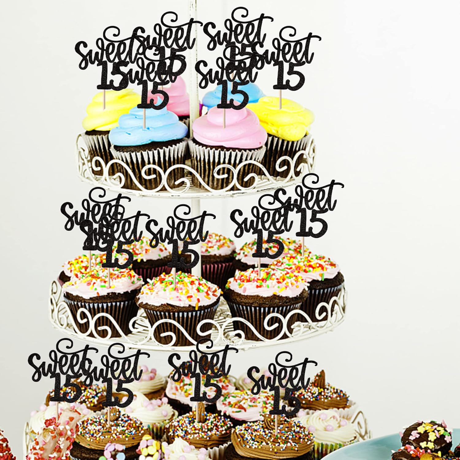 24 Pack 15th Birthday Cupcake Toppers Glitter Fifteen Happy Sweet 16 Cupcake Picks Cheers to 15 Years Old Cupcake Decorations for 15th Birthday Anniversary Party Cake Decorations Supplies Black