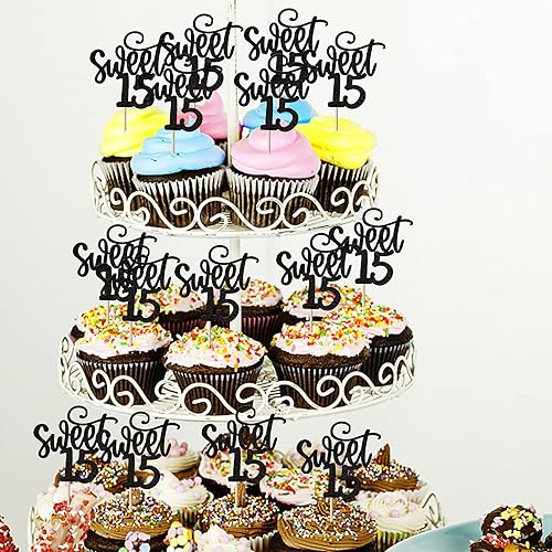 Miniatura 4 de Paquete de 24 adornos para cupcakes de cumpleaños de 15 años con purpurina para 15 años de edad, decoración de cupcakes para cumpleaños de 15 años,