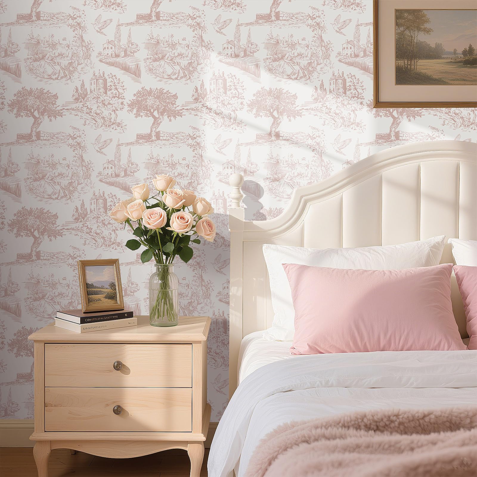 FunStick 44.5CMx9M Papel Pintado Rosa y Gris Papel Adhesivo Pared Baño Hojas Árboles Impermeable Revestimiento Muebles Armario Blanco Gris Castillo Jardín Vintage Vinilo Adhesivo Flores y Pájaros