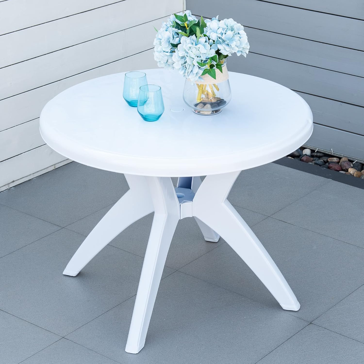 Outsunny 36.25" Dia Round Plastic Patio Table with Umbrella Hole, Outdoor Bistro Dining Table, for Bar, Garden, Backyard, Poolside, Yard, White