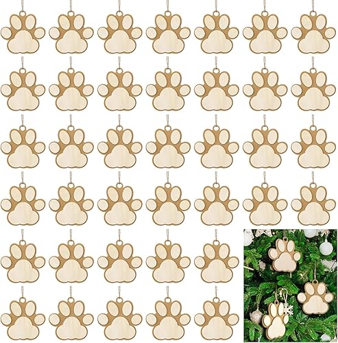 Nuenen 40 piezas de adornos de madera para patas de perro, colgantes de madera para árbol de Navidad, adornos de perro sin terminar, adorno