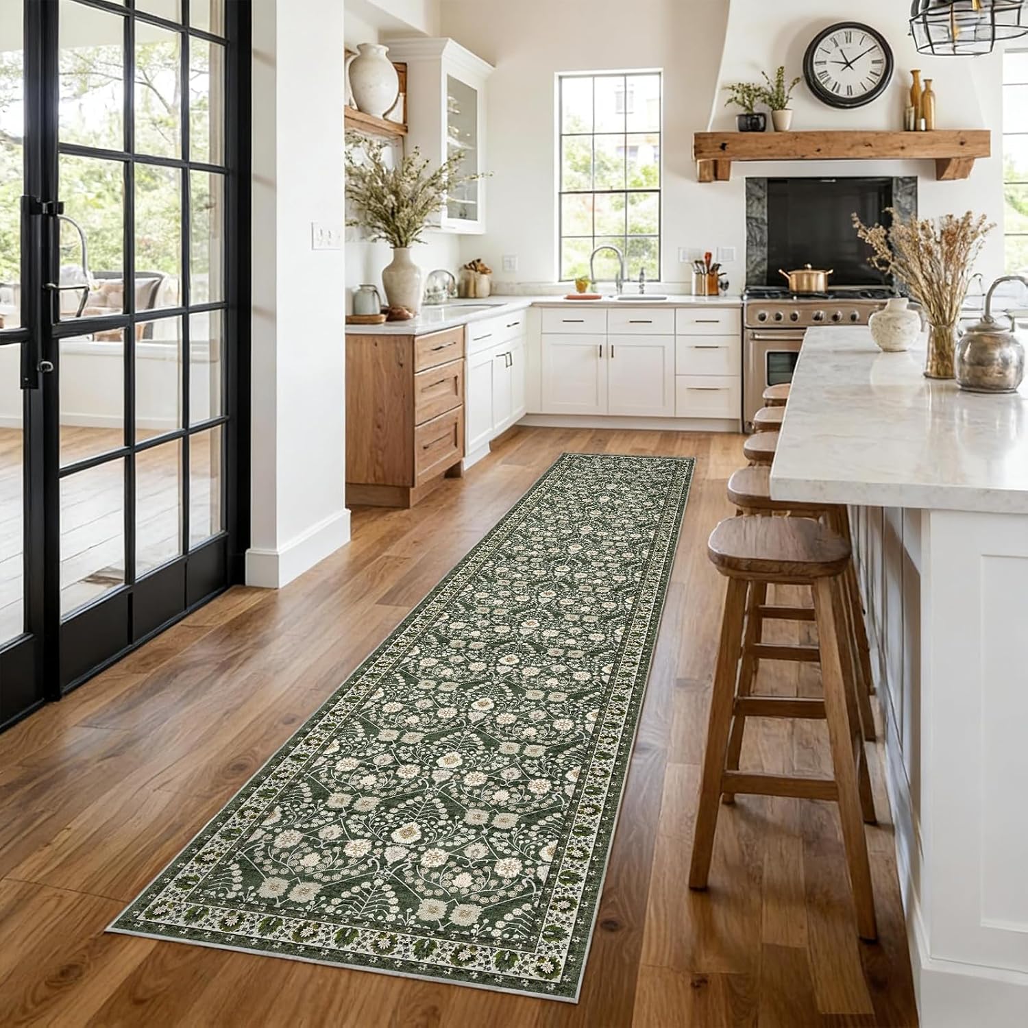 2x10 Washable Runner Rug for Hallways: Non Slip Boho Floral 2'x10' Long Botanical Rugs for Kitchen,Laundry,Bedroom - Indoor Green Rugs Soft Low Pile Carpet Runners with Rubber Backing