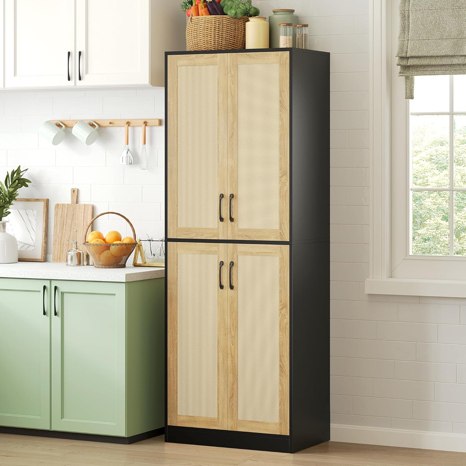 Modern Kitchen Pantry with Woven Rattan Doors