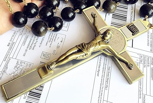 Miniatura 7 de elegantmedical Caja de regalo católica de cruz de rosario grande hecha a mano con cuentas de obsidiana de oro negro de 0.787 in, Obsidiana dorada