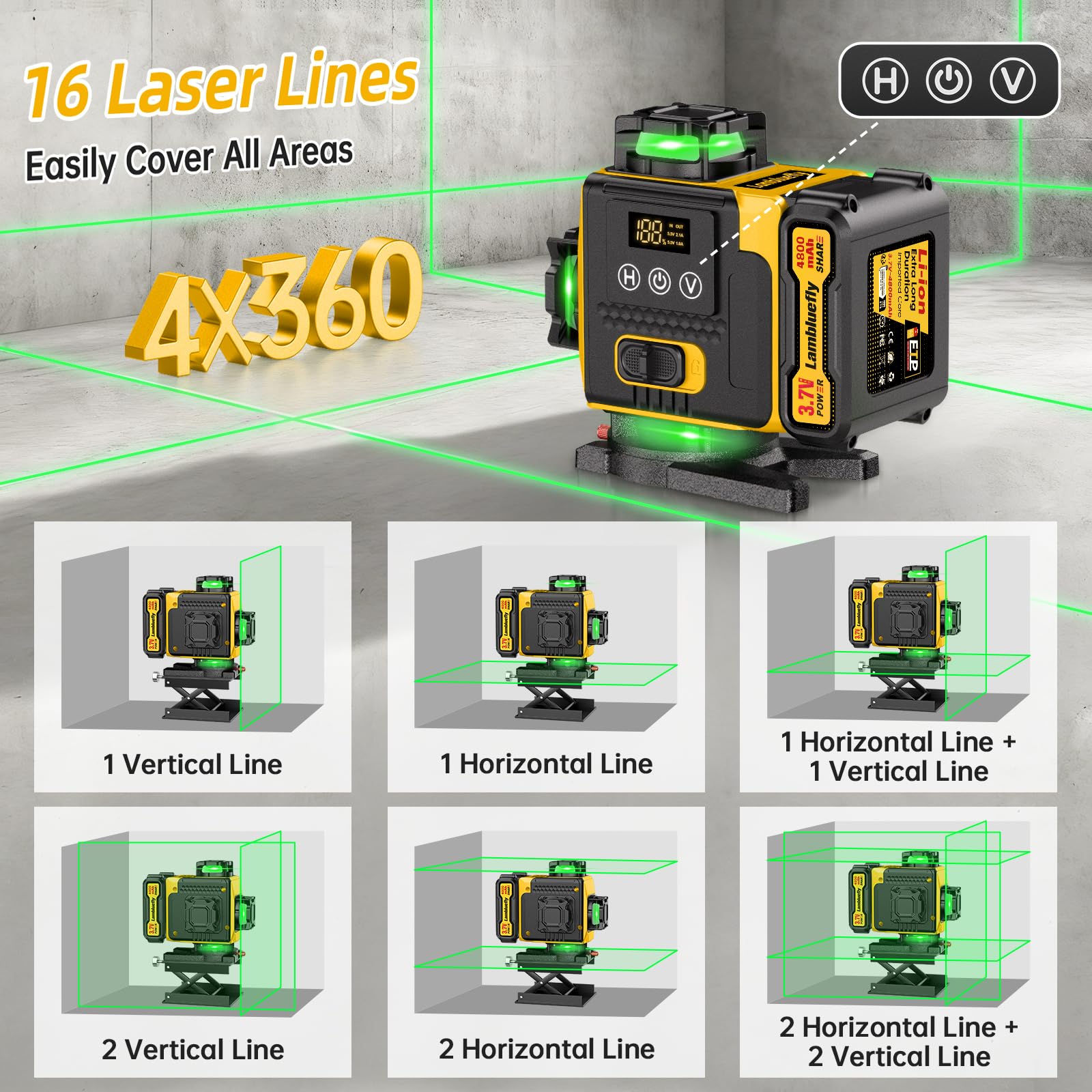 Livella Laser con Treppiede,Livella Laser Autolivellante 360 con 2x4800mAh Batterie, 4X 360 °Livello Laser con Indicatore LED,16 Linee Laser Verde/APP/Telecomando/IP54 Impermeabile