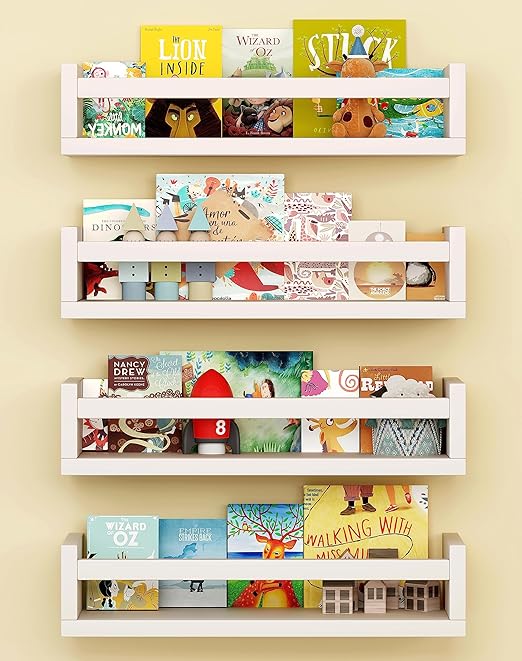 Onlysky Set of 4 Wall-Mounted Kid's Bookshelf - White Floating Nursery Book Shelves - Durable Wood Construction - Ideal for Nursery Decor, Kids Room, Toy Storage