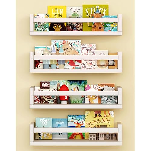 Onlysky Set of 4 Wall-Mounted Kid's Bookshelf - White Floating Nursery Book Shelves - Durable Wood Construction - Ideal for Nursery Decor, Kids Room, Toy Storage