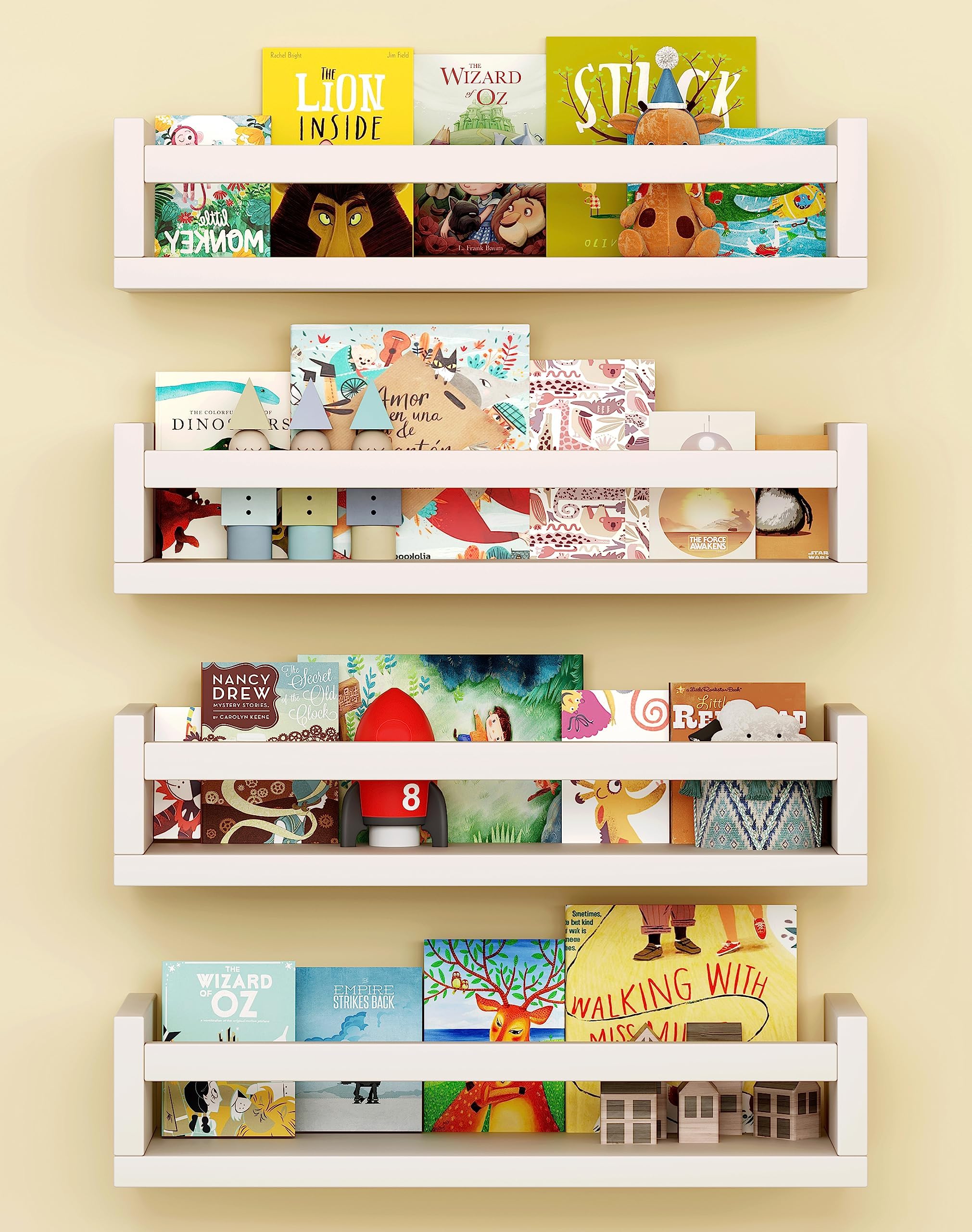 Set of 4 Wall-Mounted Kid's Bookshelf - White Floating Nursery Book Shelves - Durable Wood Construction - Ideal for Nursery Decor, Kids Room, Toy Storage