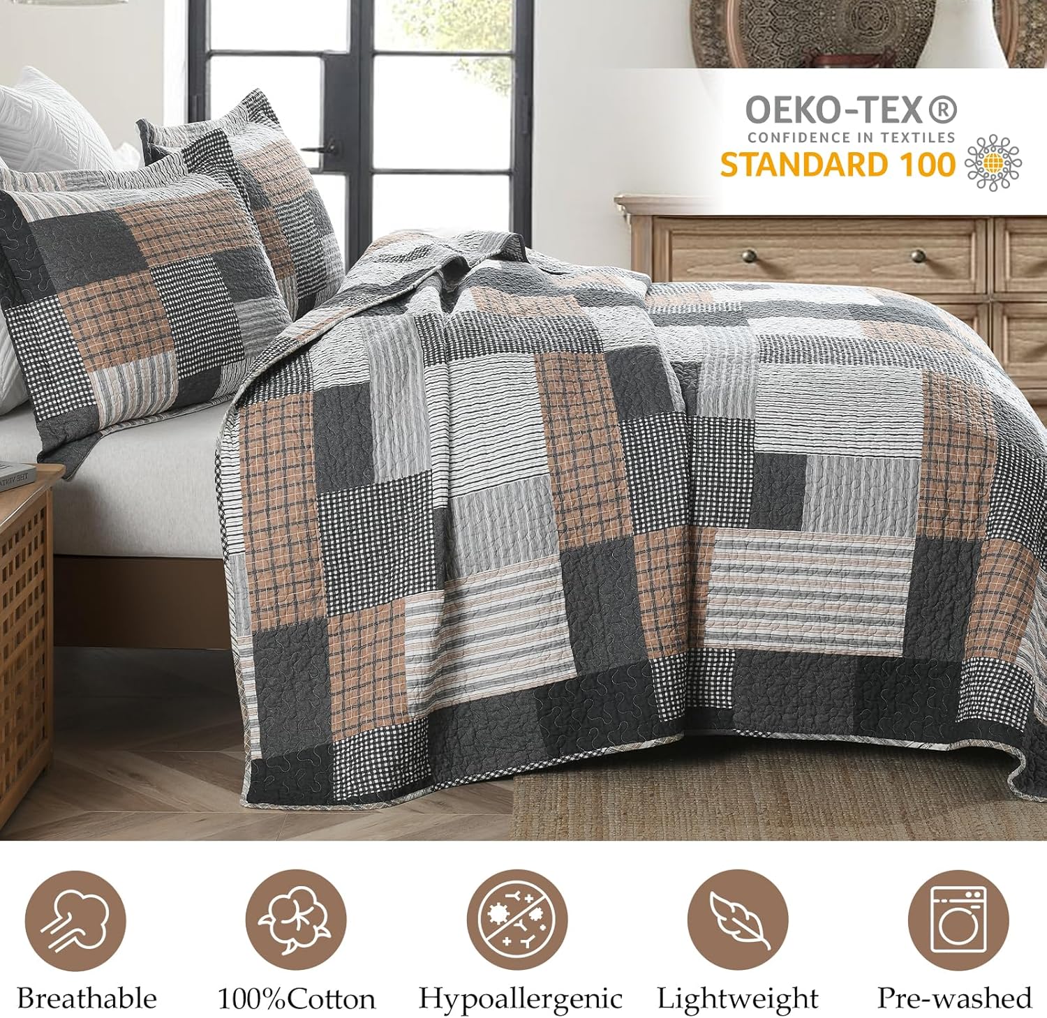 Queen Size Quilt Set, 100% Cotton Queen Comforter Set, Farmhouse Patchwork Quilt Bedding Set, Plaid Lightweight Reversible Soft Quilted Bedspread, Grey Black Brown White