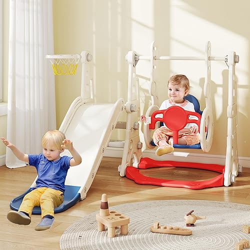 Miniatura 9 de Set de juego de tobogán y columpio 9 en 1 para niños pequeños, tobogán para niños de 1 a 3 años, juego de juego para interiores y exteriores con aro