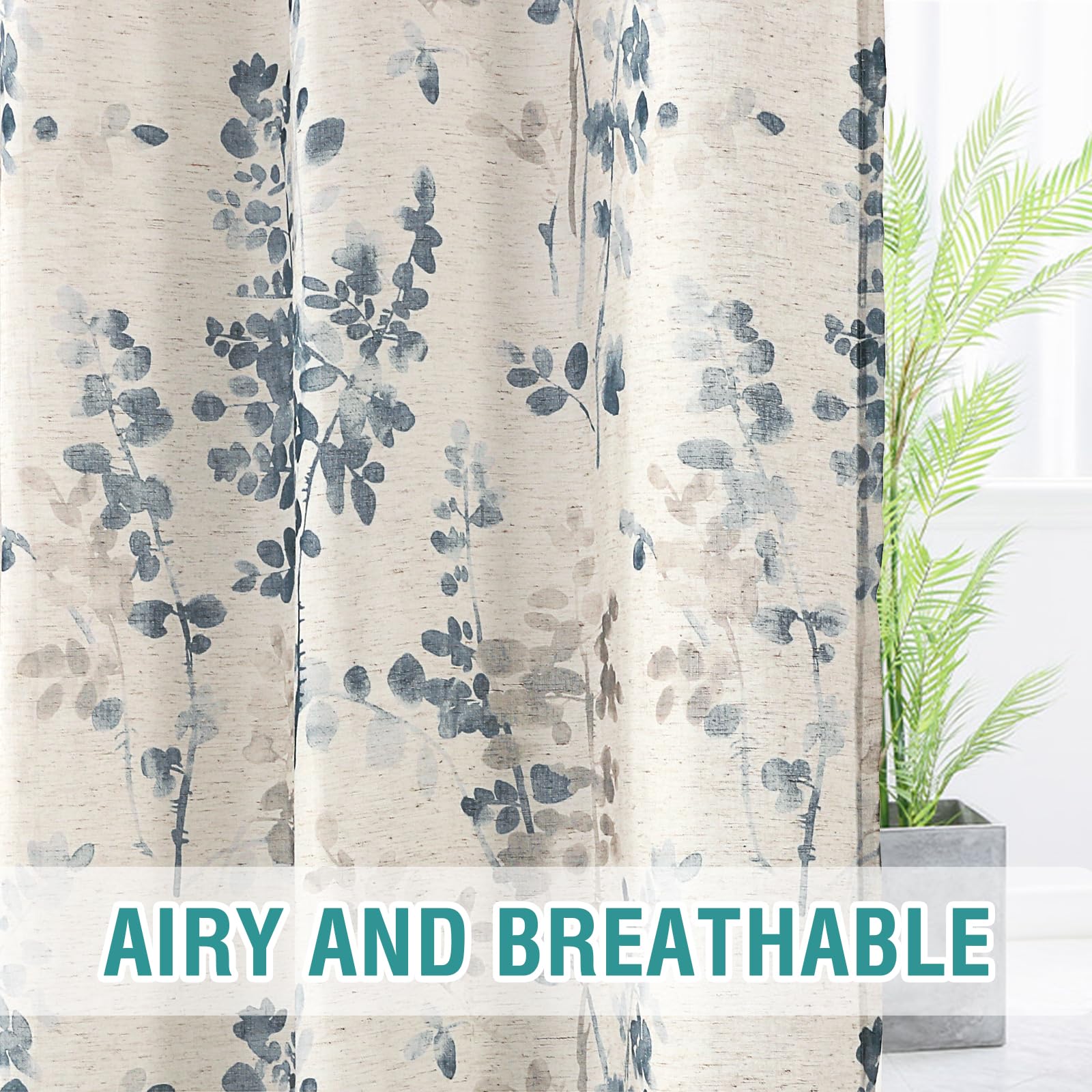 Rideaux de fenêtre transparents à œillets en faux lin, imprimé floral stylisé, peinture à l'encre pour salon, chambre à coucher (bleu/taupe, 132,1 x 241,3 cm)