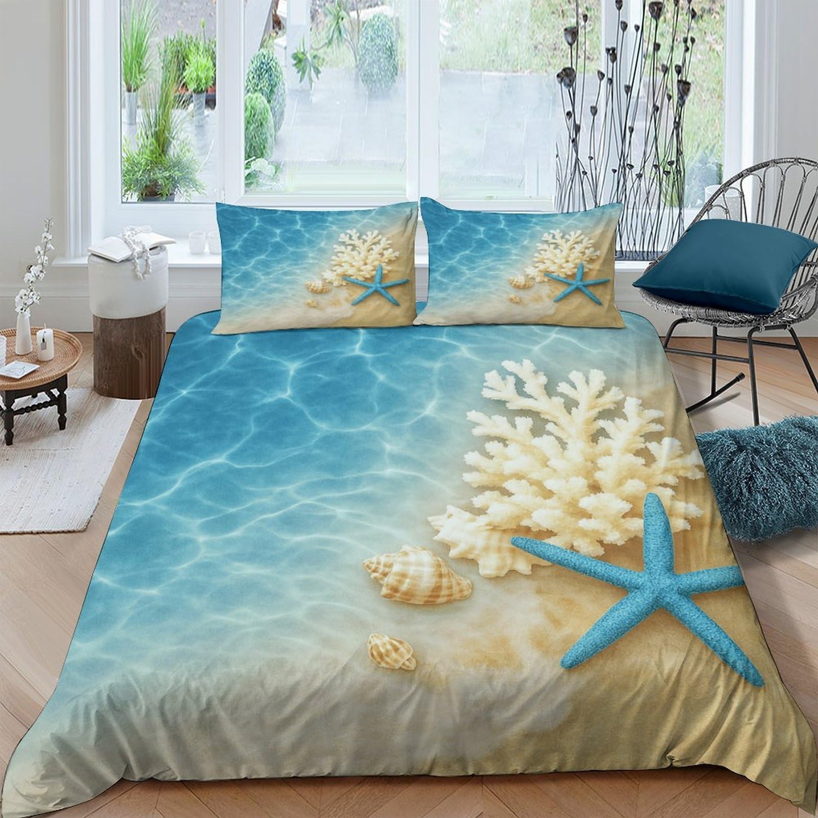 Ctjqhvkz Style-4 3D Printed Ocean Beach Fitted Sheet Microfiber Soft Breathable Starfish Coral Mattress Cover For Bedroom Dorm Decor Single（135X200cm）