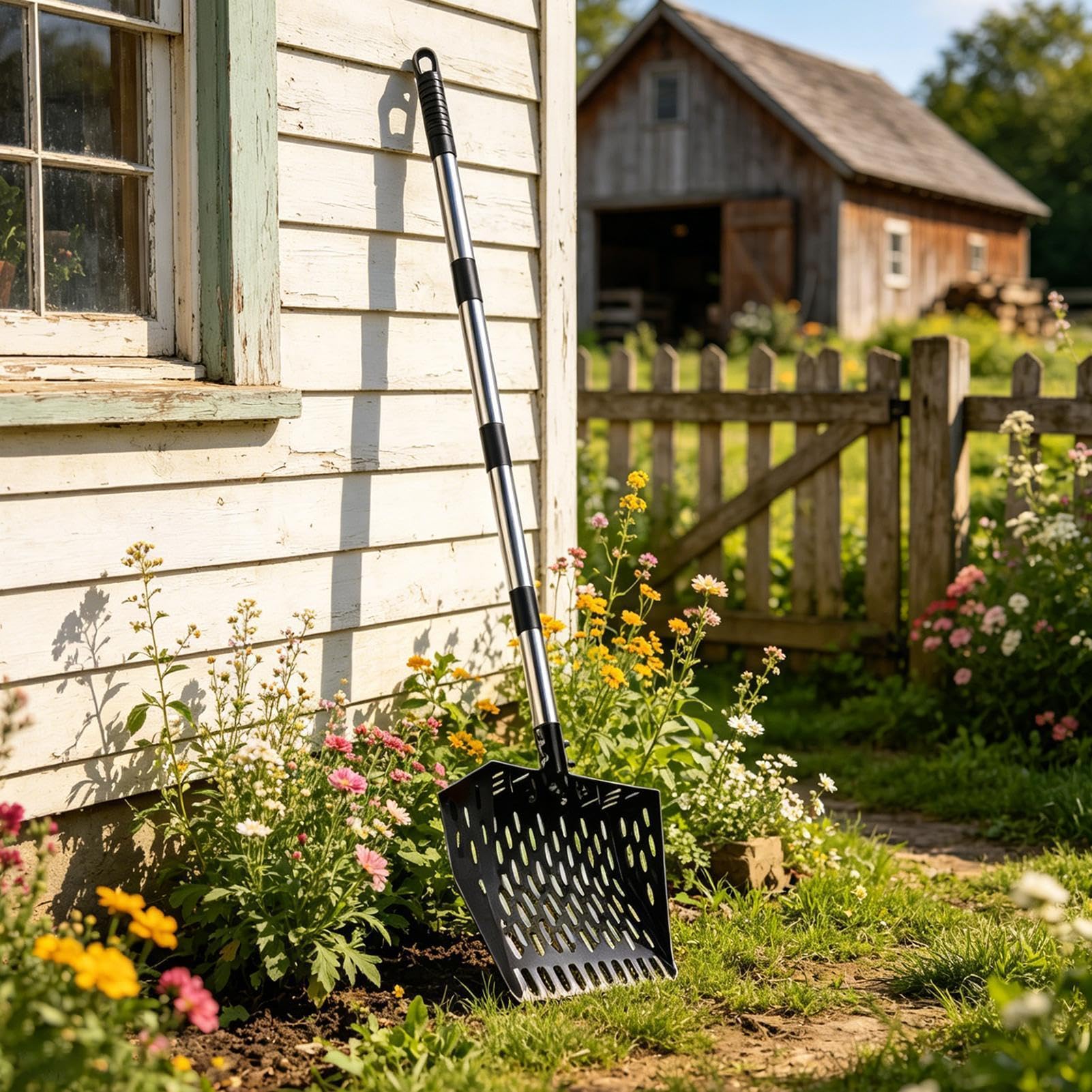 Paletta per pollaio, manico lungo regolabile 2 in 1, strumento per la pulizia del setaccio per letame, rastrello per cani – per giardino, sabbia, capra, cavallo, pollame, animali domestici, conigli