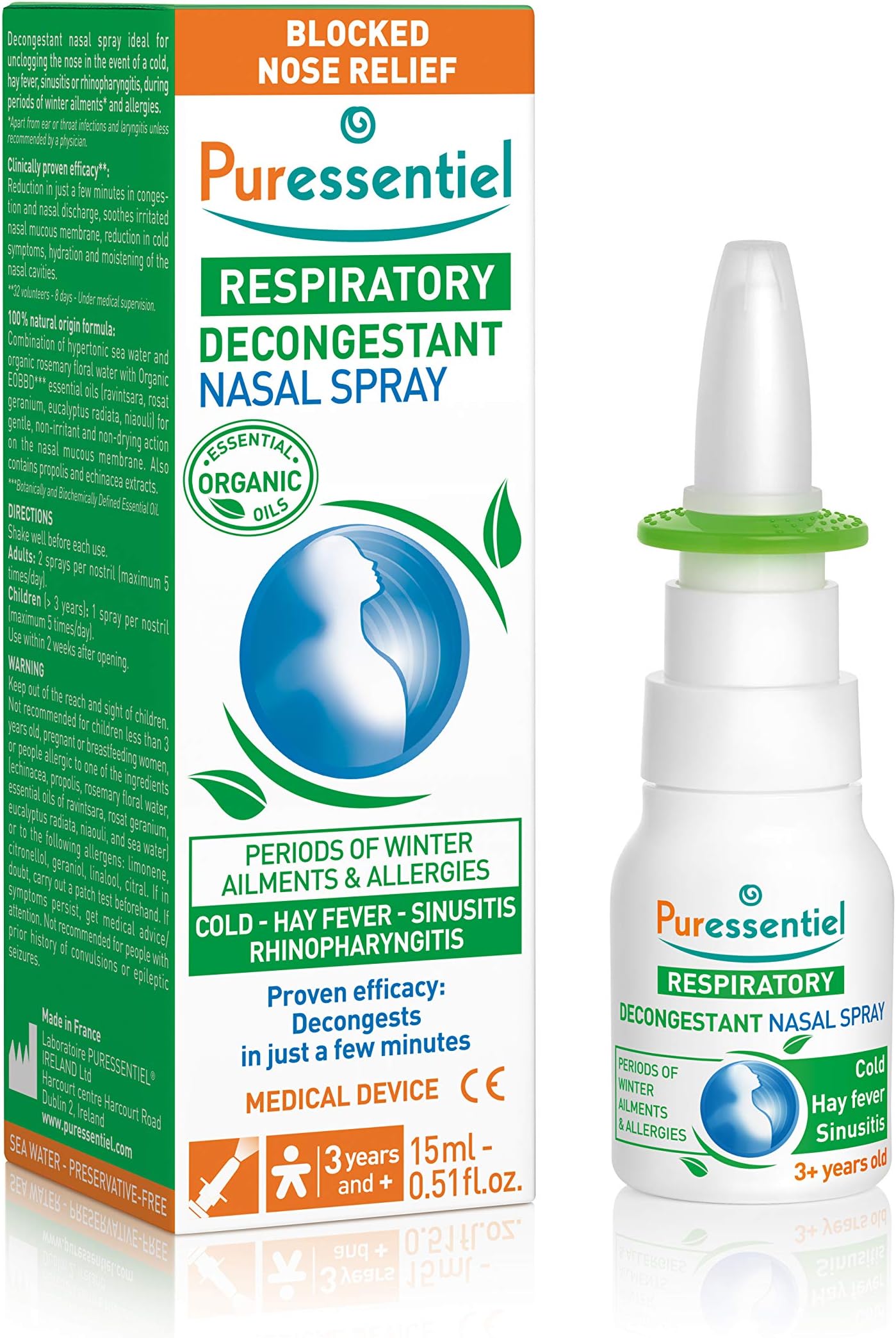 Respiratory Decongestant Nasal Spray 15ml - Cold & Flu - Hayfever & Blocked Nose Relief - Instant Action - 100% Natural & Organic Essential Oils - Sea Water - Suitable for 3y+