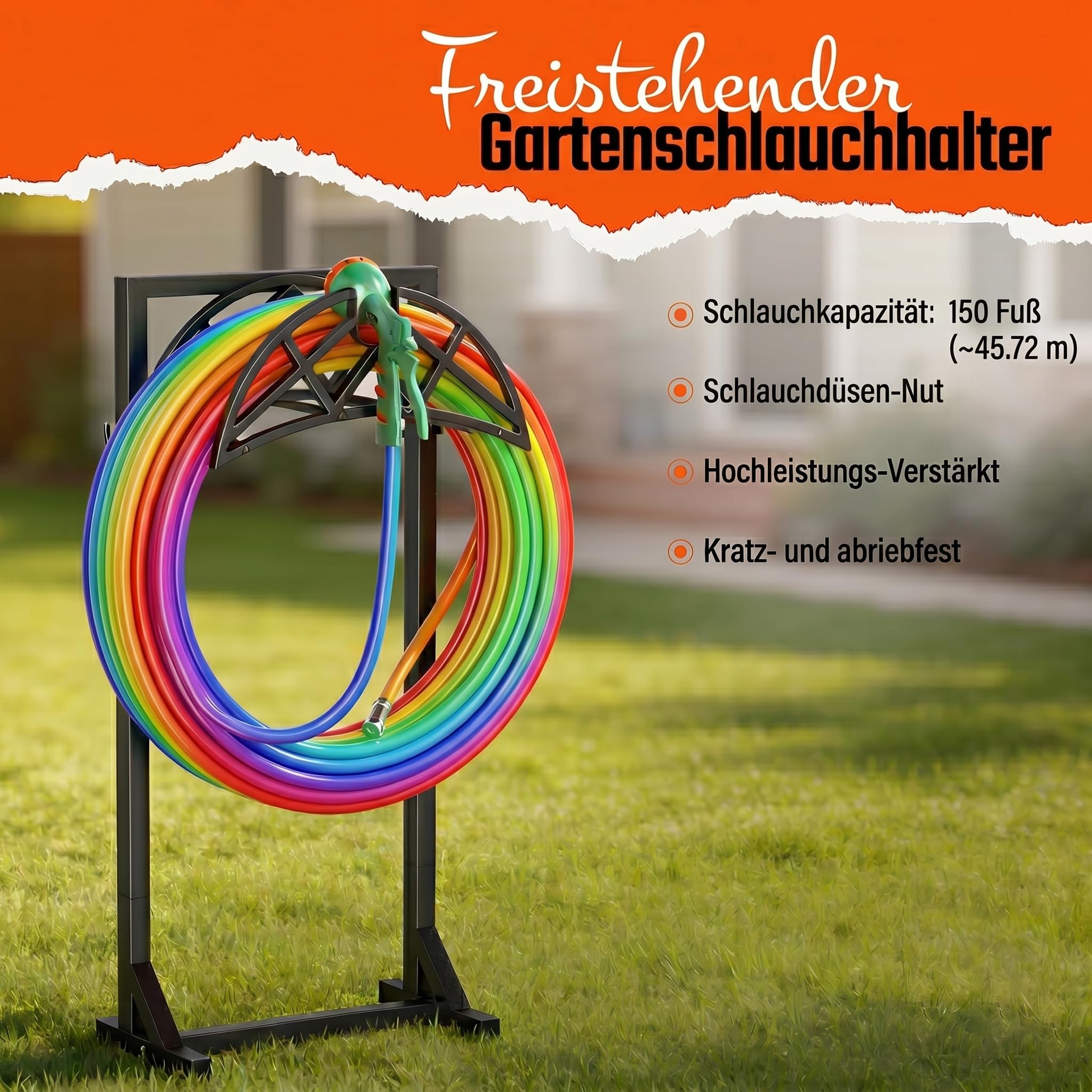 Gartenschlauchhalter 111,5cm, 4 Spikes & 2 Haken, Schwarz