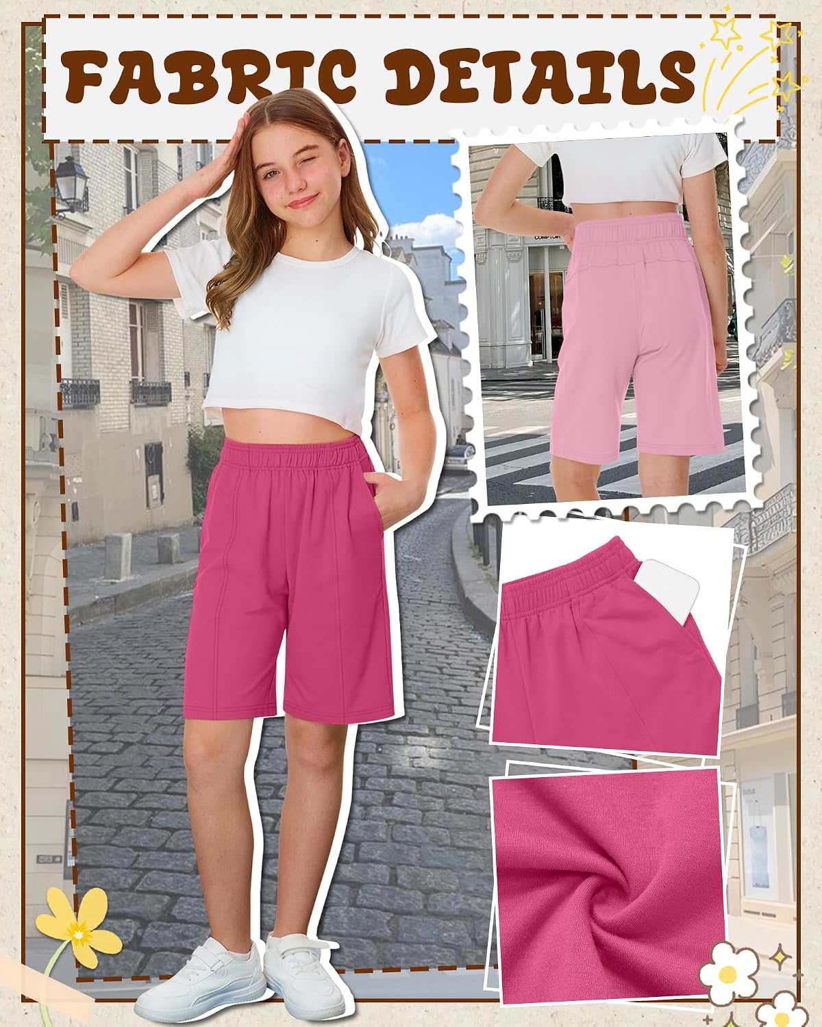 3 Pack Girls Bermuda Shorts Athletic Knee Length Sweatshort Summer Casual Long Short with Pockets for Age 5-14