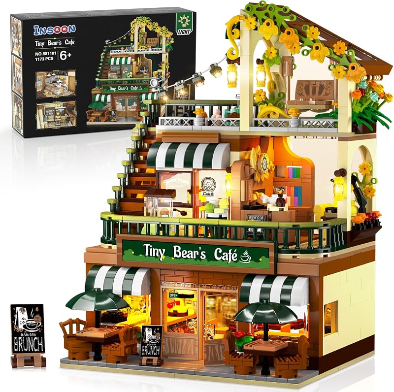 City Coffee House Building Set with Lights for Adults Boys Girls 6+ | Modern Cafe Shop Building Block Toy with Ordering Counter Baking Room, Café House Construction Model Kit Gift for Home Decor