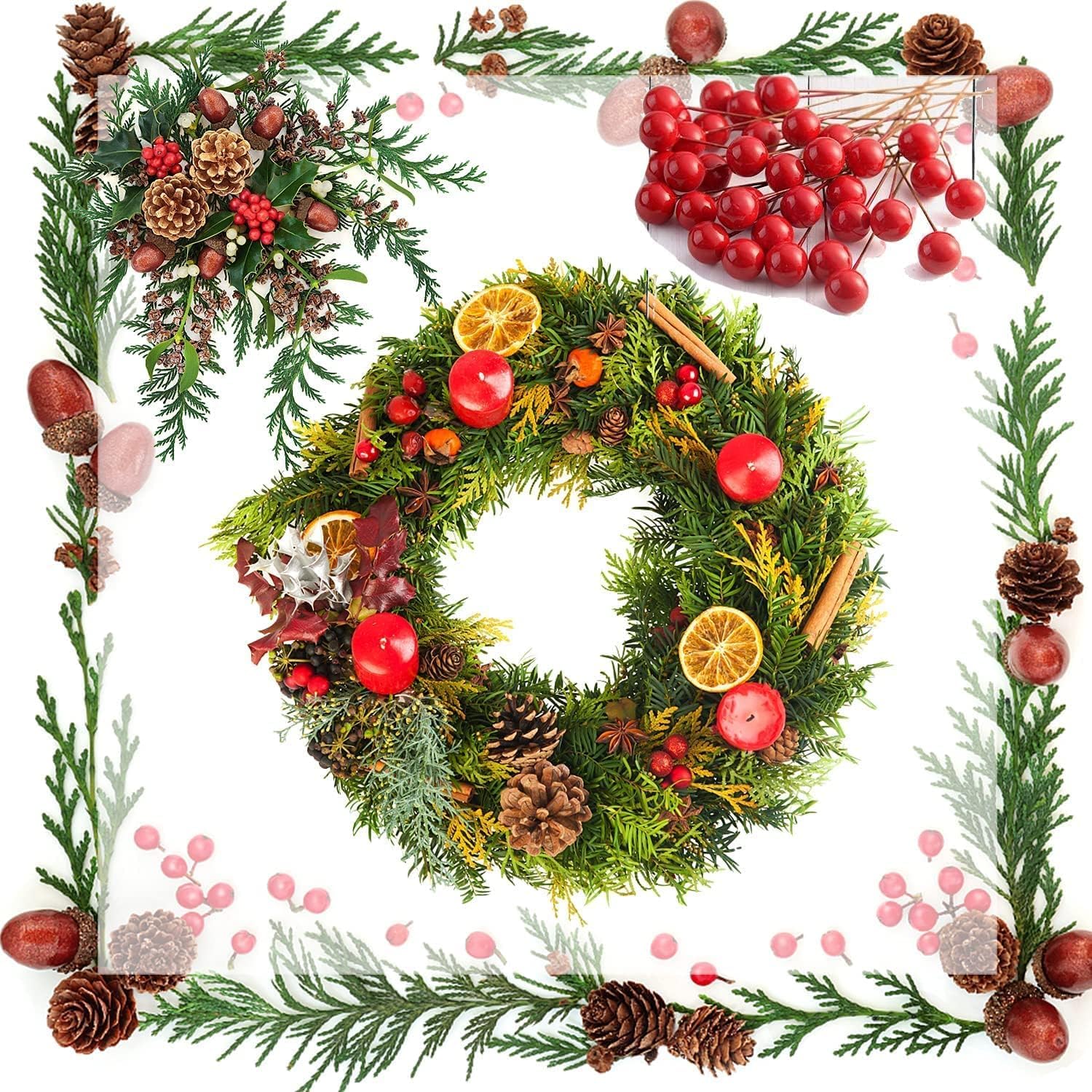 LATERN 225 Pièces Décorations pour Couronne de Noël, 20 Tranches D'orange Séchées, 20 Cannelle Bâtons, 10 Pin Pommes, 10 Anis Étoilé, 10 Glands, 155 Fruits Rouges - pour Noël Artisanat Fête Décoration