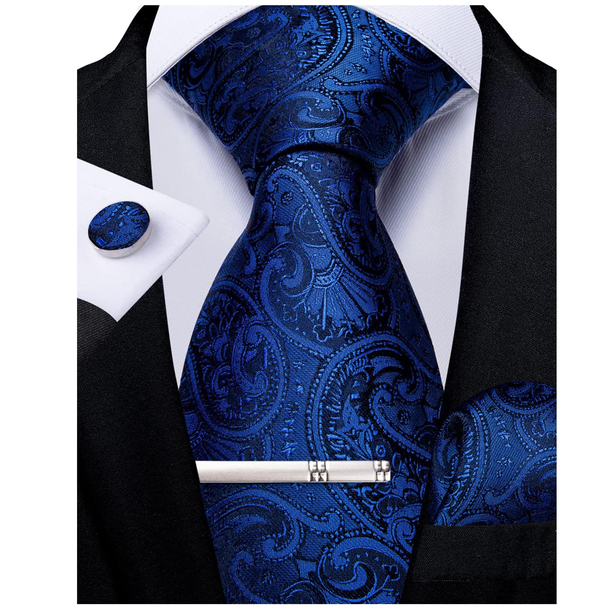 DiBanGu Men's Necktie Handkerchief Silk Paisley Floral Tie Pocket Square Cufflink Set, 150cm, Royal Blue