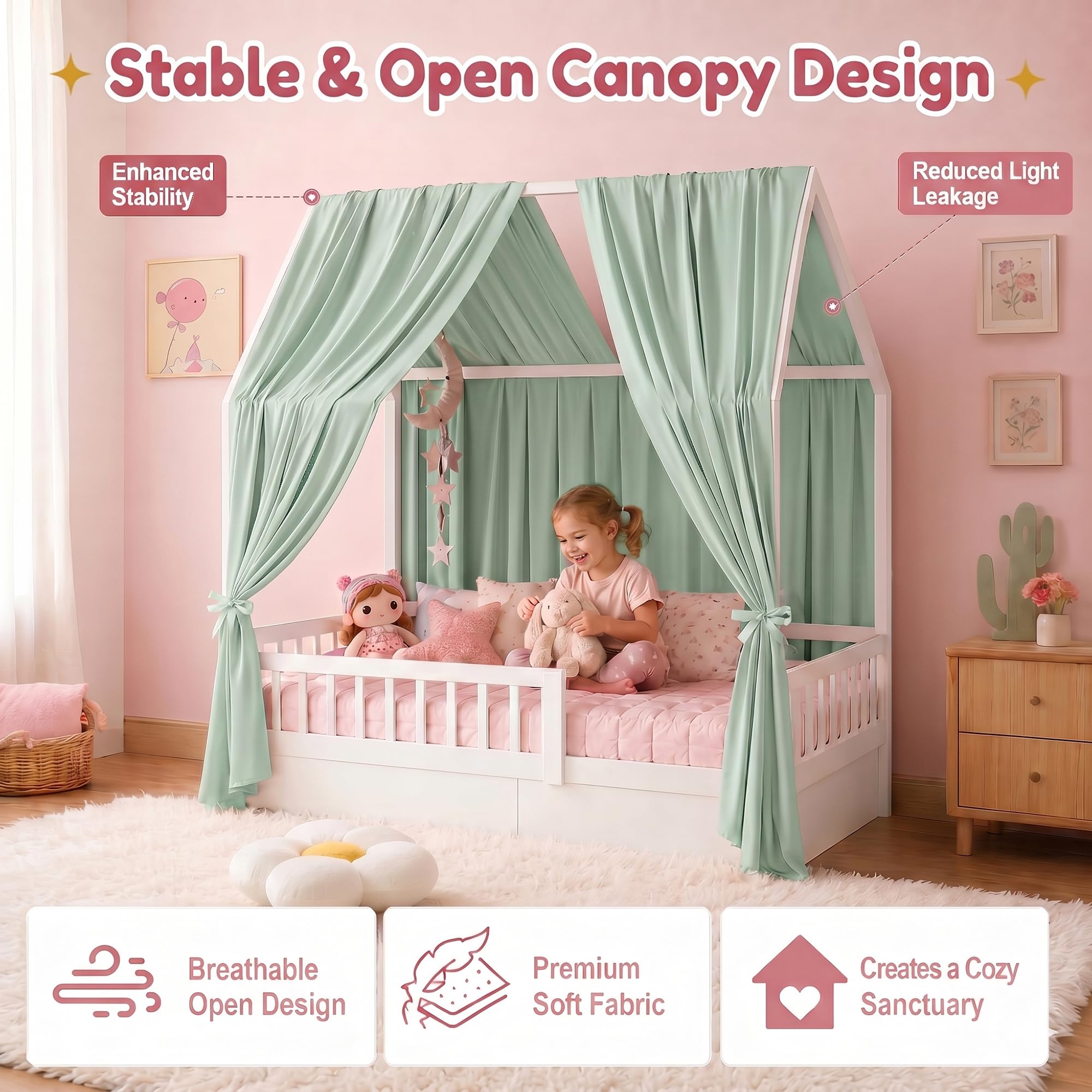 RANJIMA Hausbett Himmel,2 Stück Betthimmel Hausbett aus Musselin, Betthimmel Kinderbett Stoffhimmel für Hausbett Mädchen Jungen Baldachin Kinderzimmer Deko Vorhang Set für Kinderbett 67 x 270 cm Grün