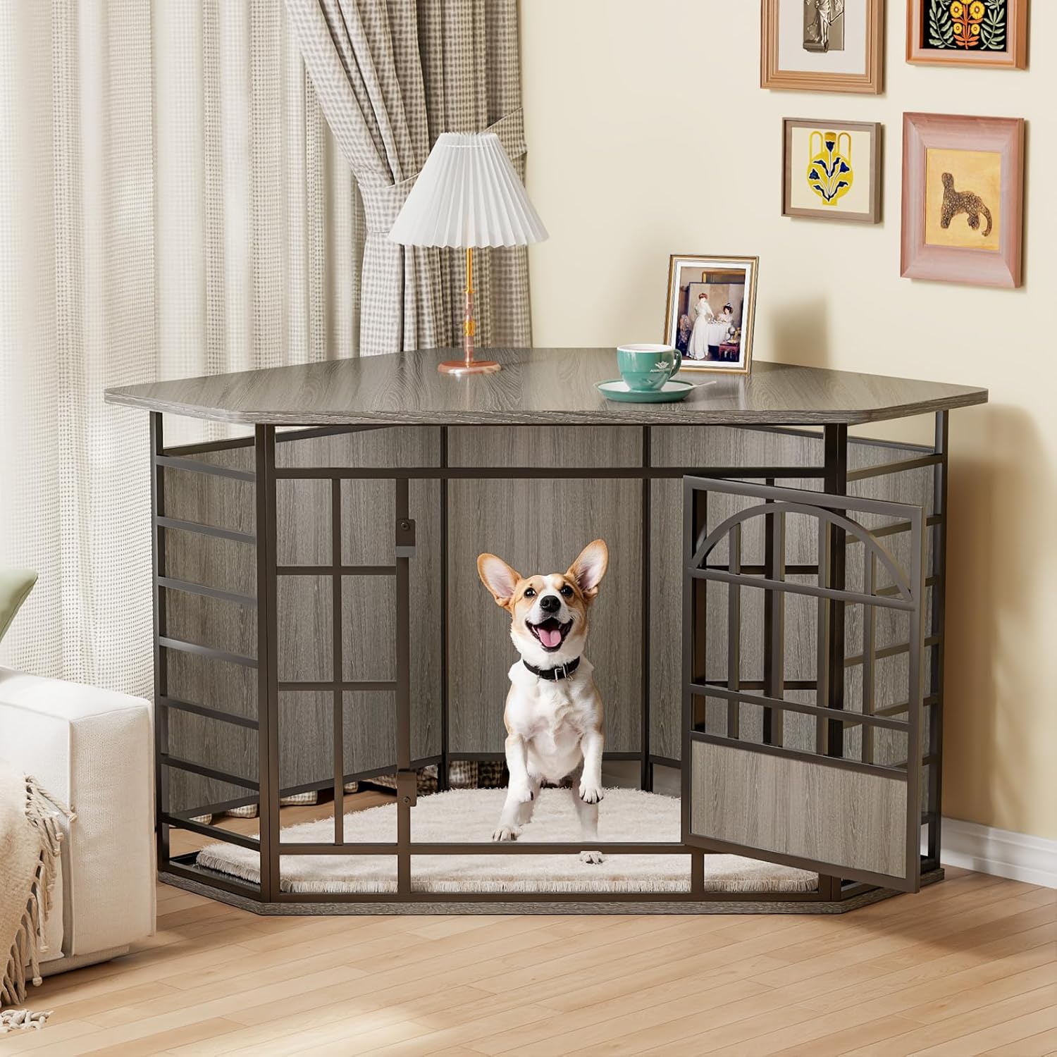 COZPAW Corner Dog Crate Furniture, 52 Inch Large Dog Kennel Indoor Wooden End Table, Modern Dog Cage Decorative Pet House TV Stand for Medium Large Dogs,Grey