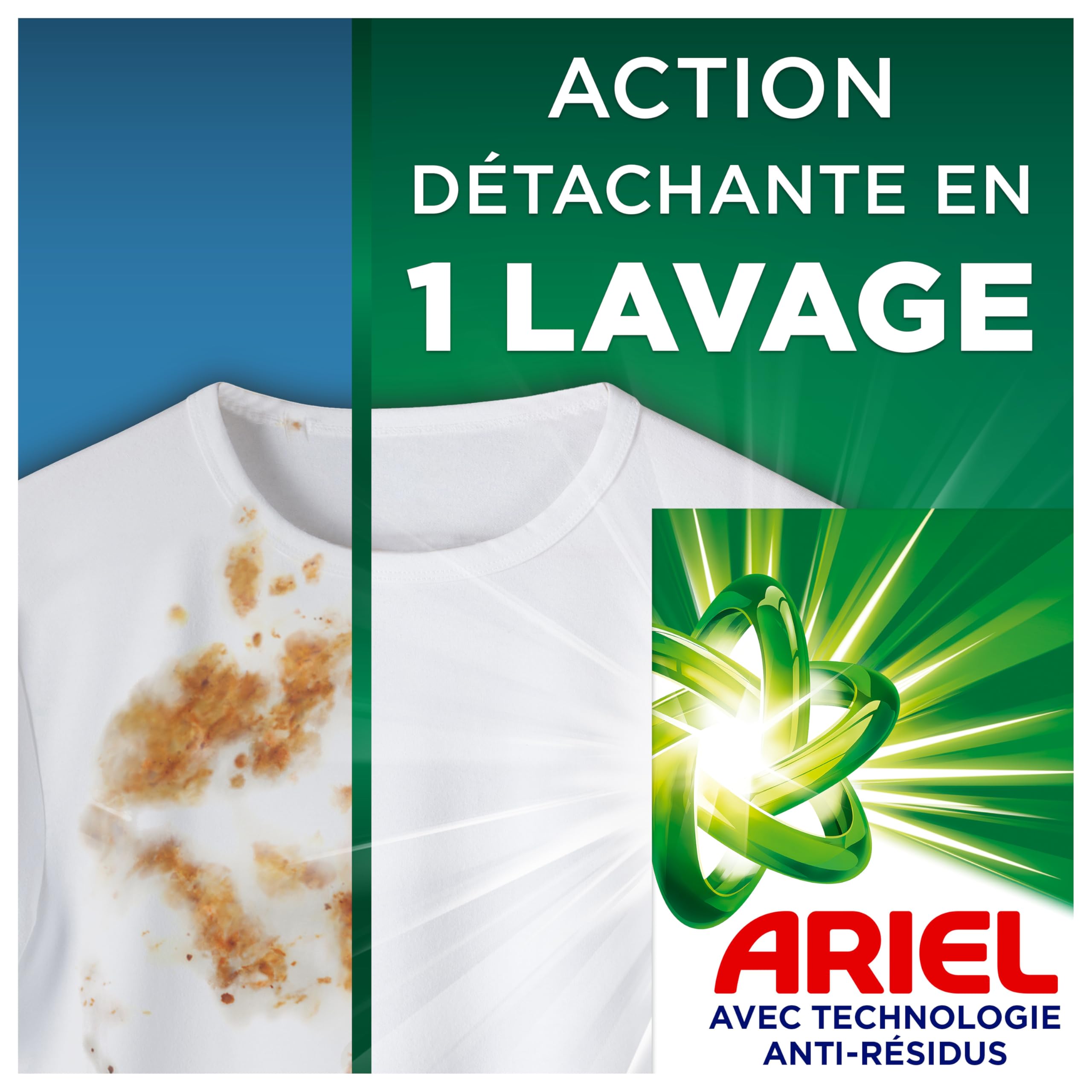 Ariel Original, Lessive en Poudre, 65 Lavages (3.7kg), Action Détachante En 1 Seul Lavage, Dissolution Rapide Même à Froid, Fabriqué en France