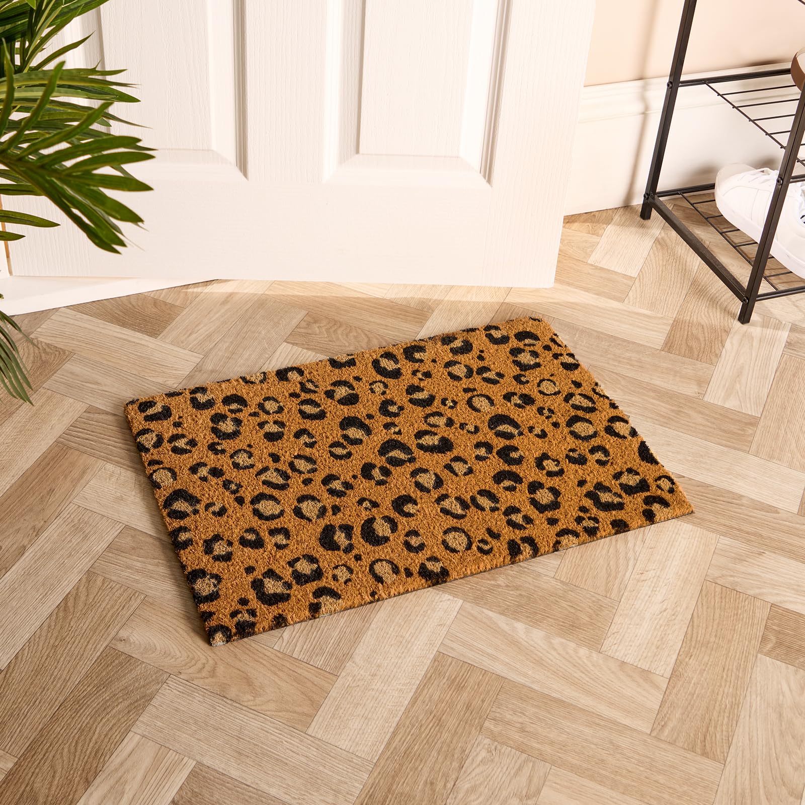 OHS Leopard Print Door Mats Outdoor Indoor, Washable Coir Door Mats Non Slip Stylish Dirt Trapper Doormats Heavy Duty Welcome Mat Front Doors Entrance Mat, Brown - 40 x 60cm
