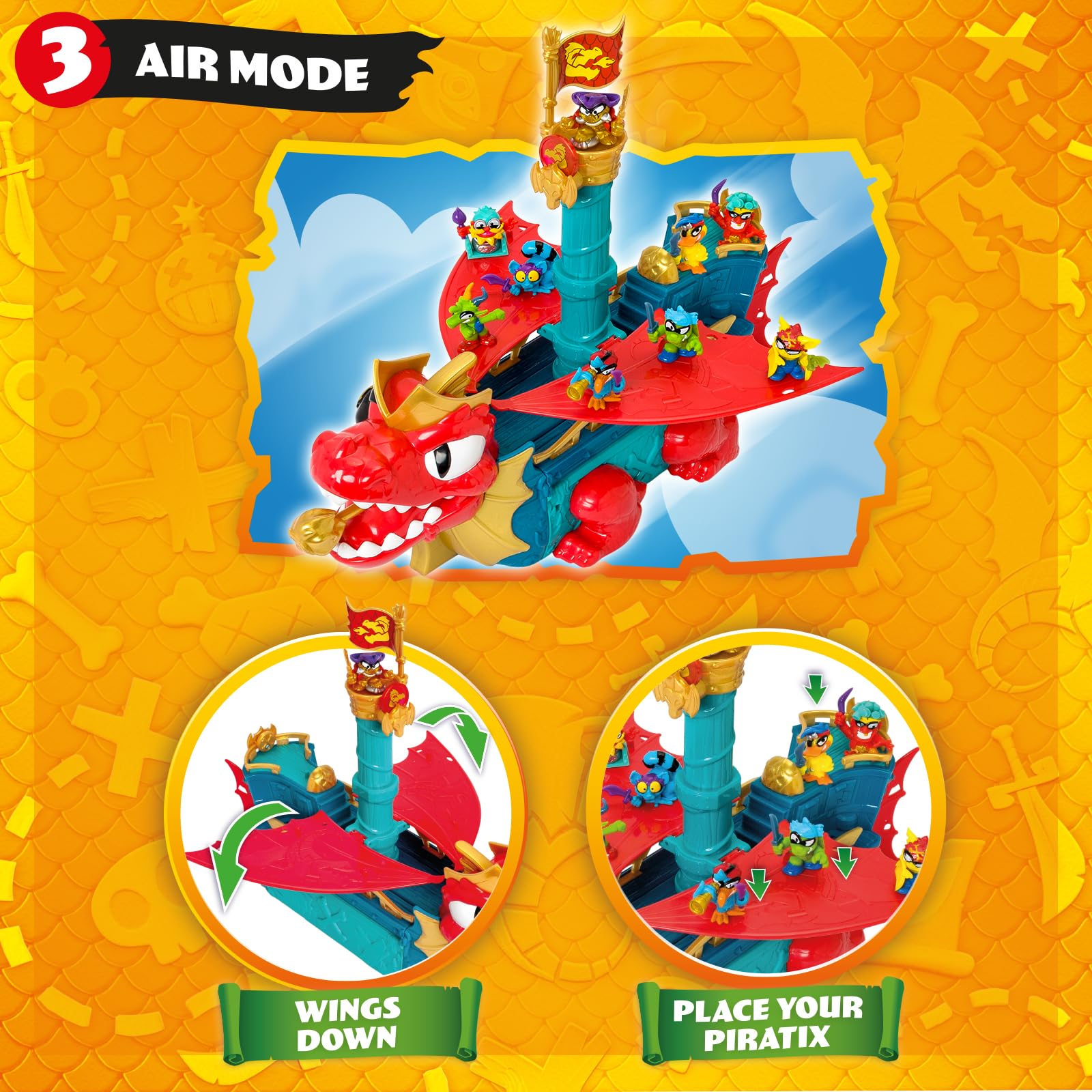 PIRATIX Dragon Ship – Piratix Dragon Nave All Terreno 3 in 1: Terra, Mare e Aria. Contiene 1 Nave Dragone, 1 Piratix Esclusivo, 1 Tesoro Esclusivo, 1 Bandiera e 1 proiettile