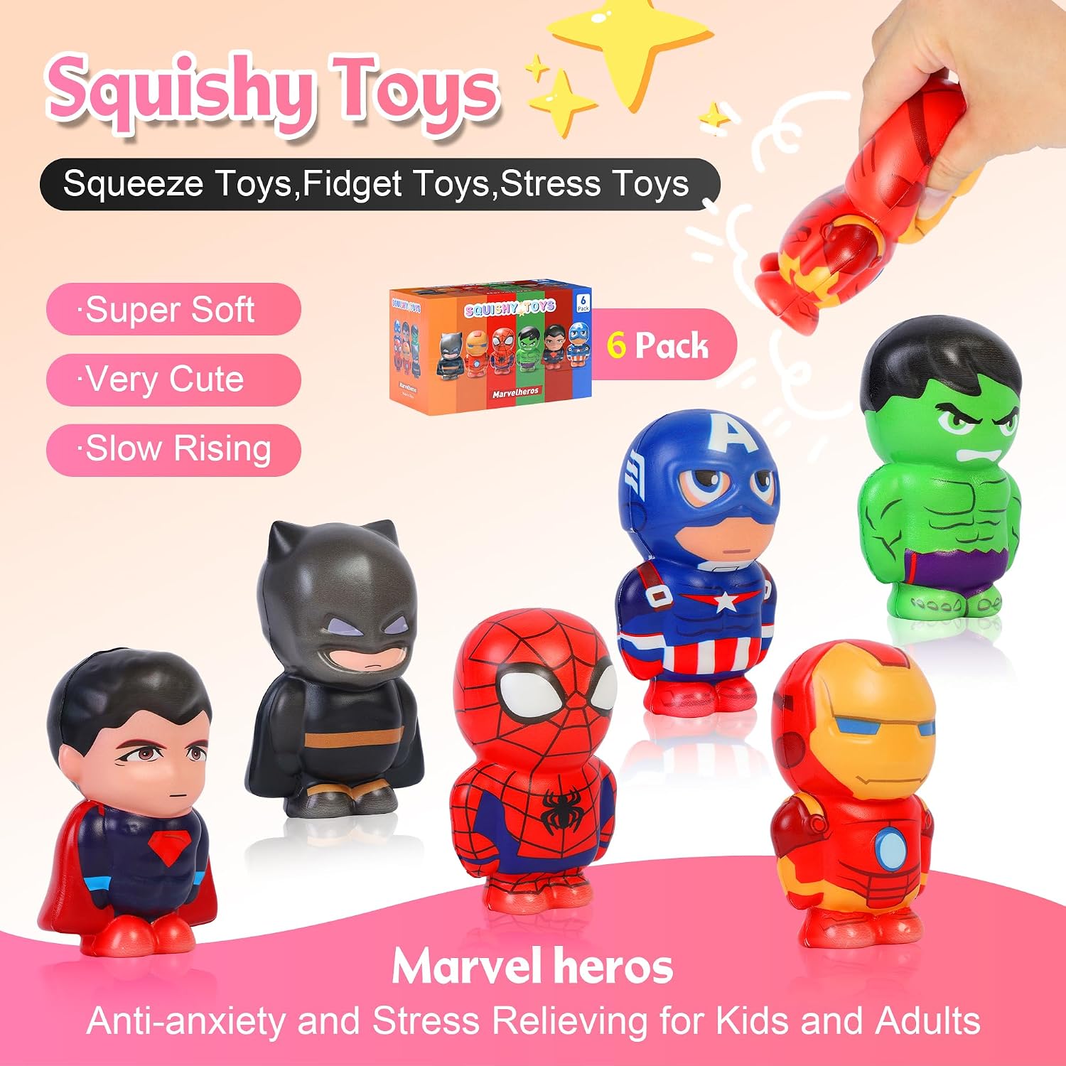Marvelheros Squishy Squeeze Toys Soft and Cute Slow Rising Fidget Toys Birthday Gifts School Classroom Prizes Home Crafts Ornaments for Kids and Adults Stress Relieving Venting(6 Pack)