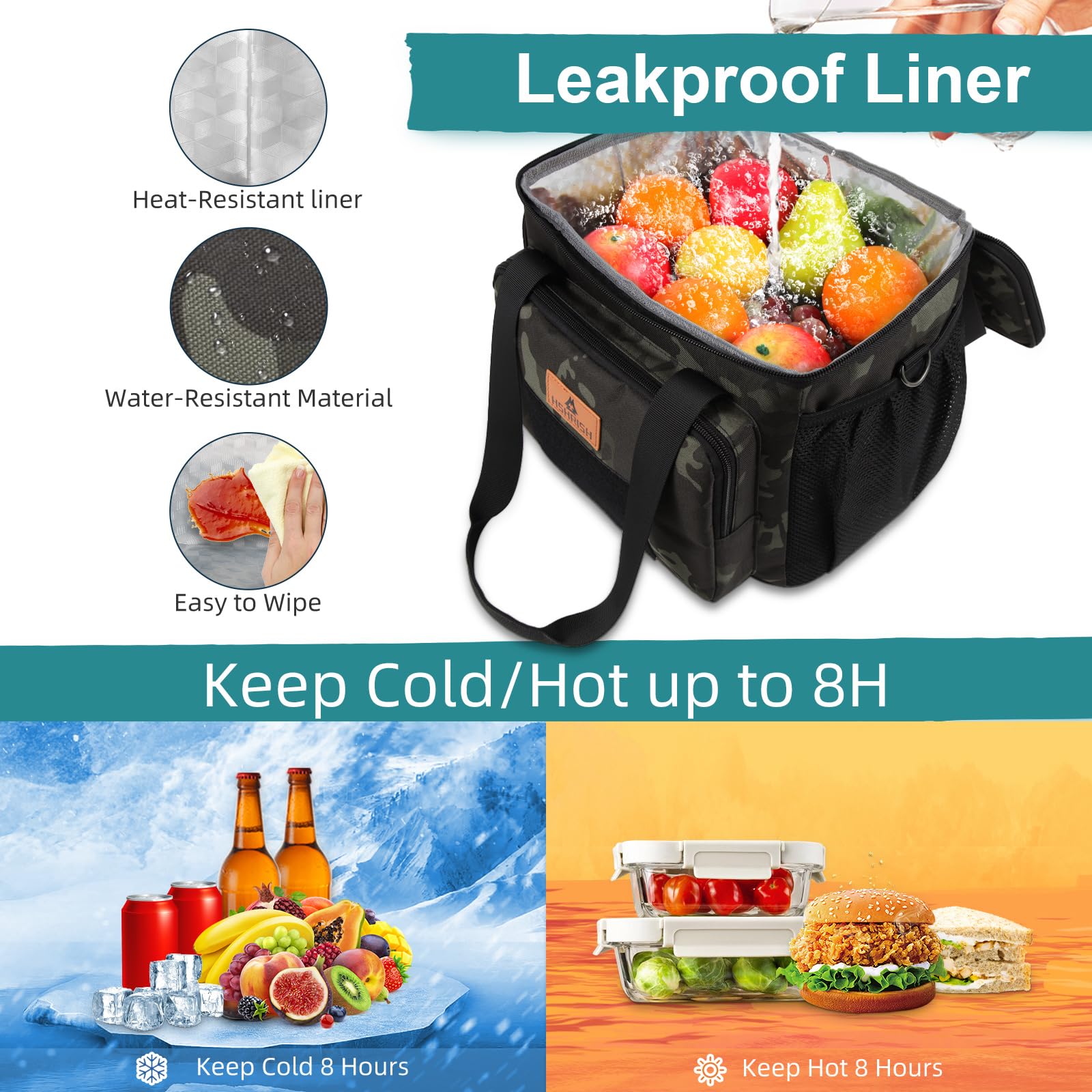 HSHRISH Borsa Termica Porta Pranzo, Borse Frigo a Tracolla per Picnic Isolate Tattiche All'aperto per Uomo Donna, impermeabile e durevole, ufficio, picnic all'aperto 12 L, Nero mimetico