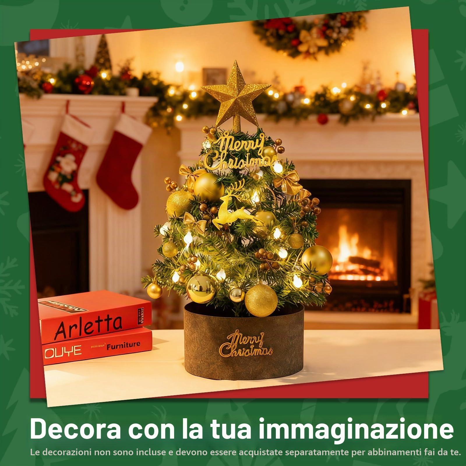 Mini Albero di Natale 60 cm Artificiale Pre-illuminato con Luci LED,Stelle, Palline e Decorazioni Natalizie,Albero da Tavolo Decorativo per Casa,Ufficio,Negozio e Vetrina Festiva