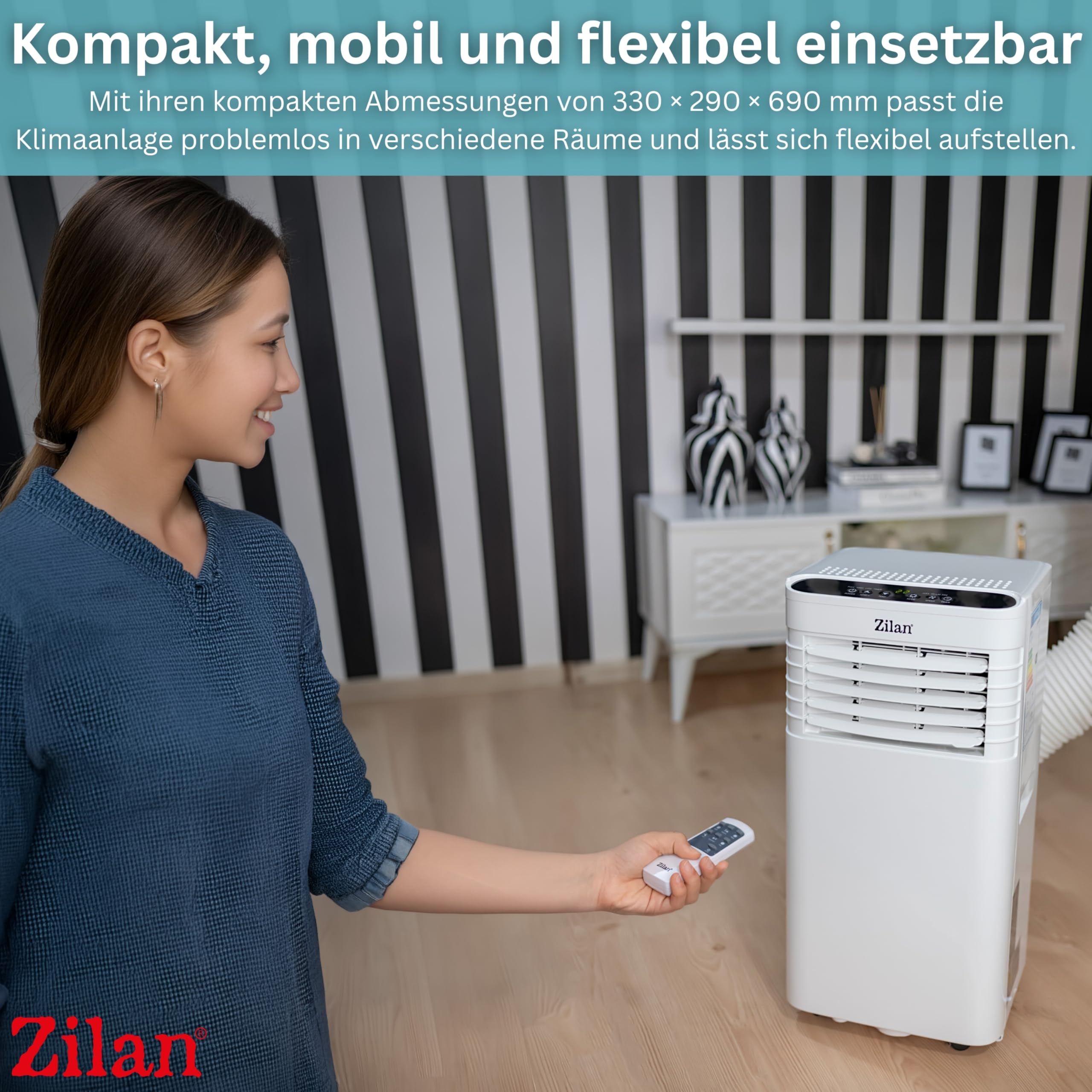 Zilan Mobile Klimaanlage 9000 BTU 3-in-1 Mobiles Klimagerät mit Abluftschlauch & Fensterkit – Kühlen, Entfeuchten & Ventilator, für Räume bis 50 m², 24h Timer, Schlafmodus, LED Display, Fernbedienung