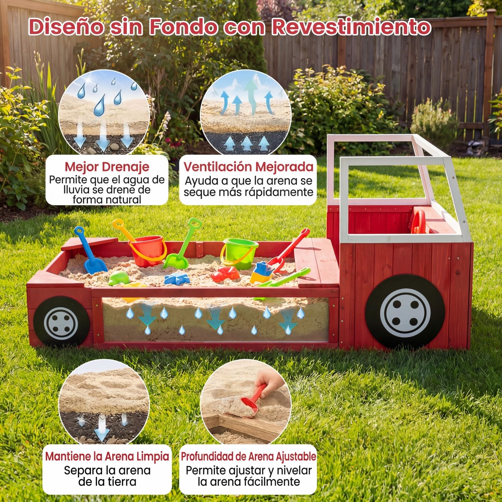 COSTWAY Arenero para Niños de Madera Maciza de Abeto, Arenero Infantil para Exterior con un Banco, Volante Giratorio, 2 Asientos y Alfombrilla, en Forma de Camión de Bomberos, 156 x 80 x 70 cm