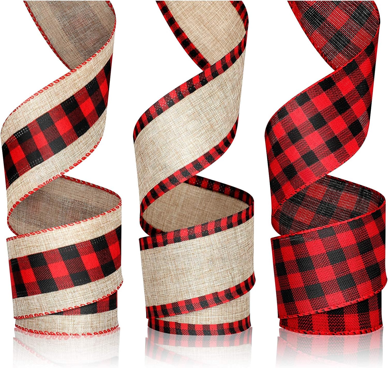 Jutom 3 Rolls Christmas Buffalo Plaid Ribbon Burlap Wired Edge Plaid Ribbons for Christmas Crafts DIY Bows Xmas Home Party Wrapping 2.53 Inch x 6 Yards(Red and Black)