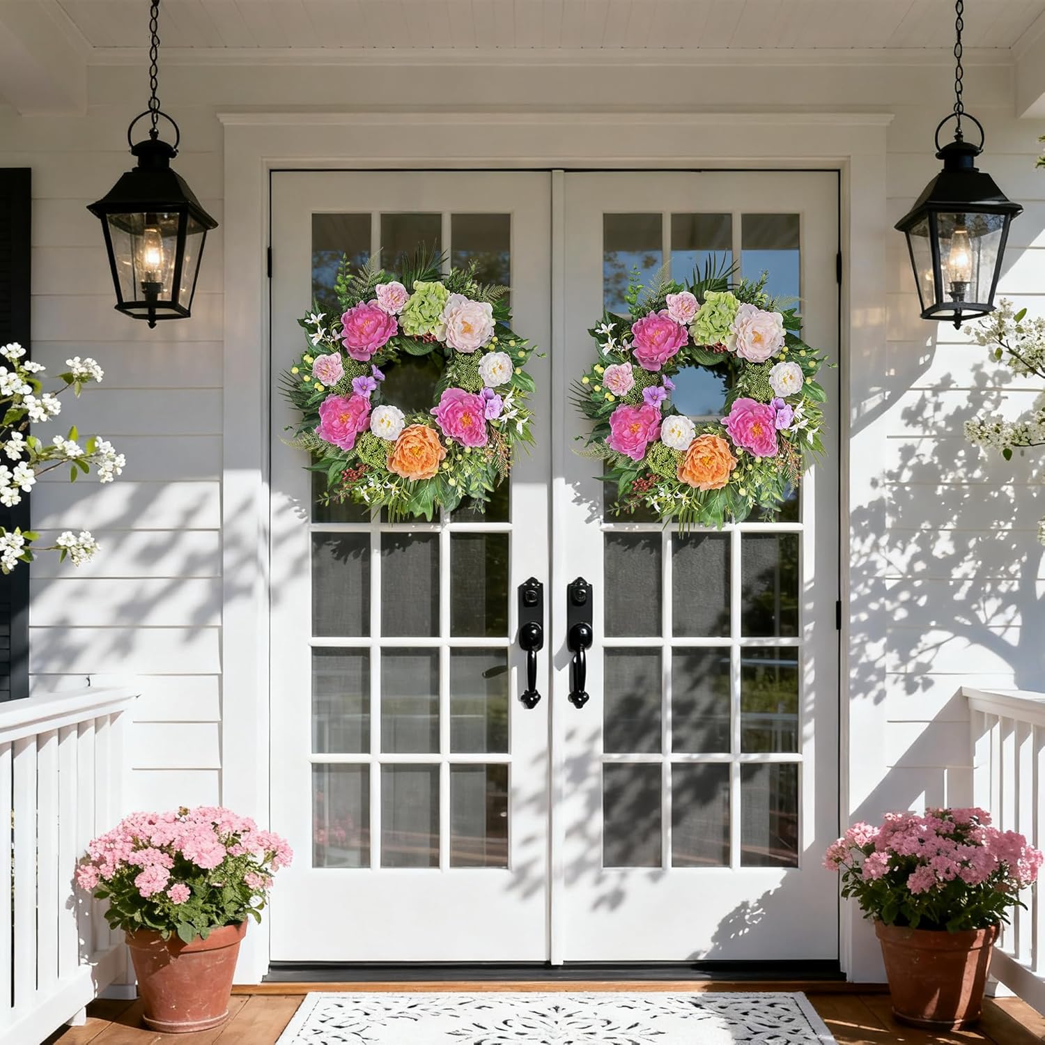 24 Inch Spring Wreaths for Front Door: Realistic Silk Peonies & Hydrangeas with Berry Greenery, Faux Flower Wreath for All Seasons, Indoor Outdoor Decor for Porch, Wall, Wedding, Farmhouse, Home