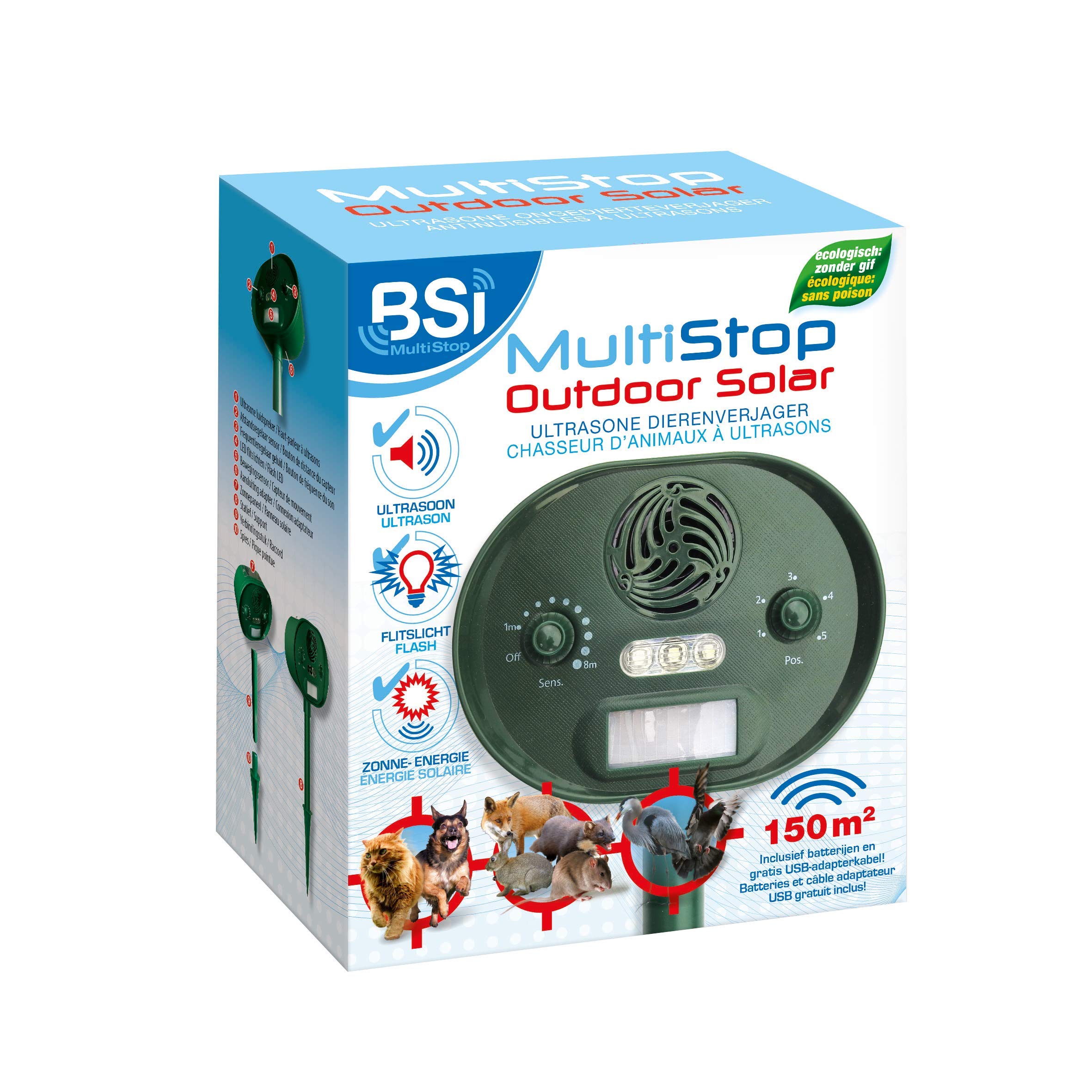 BSI - Multistop - Répulsif Ultrasons Et Flash - pour Lutter Contre Les Animaux Nuisibles - Couvre Une Surface Extérieure Jusqu'à 150m² - Adapté Aux Chiens Chats Gibier Ou Volatiles - Energie Solaire