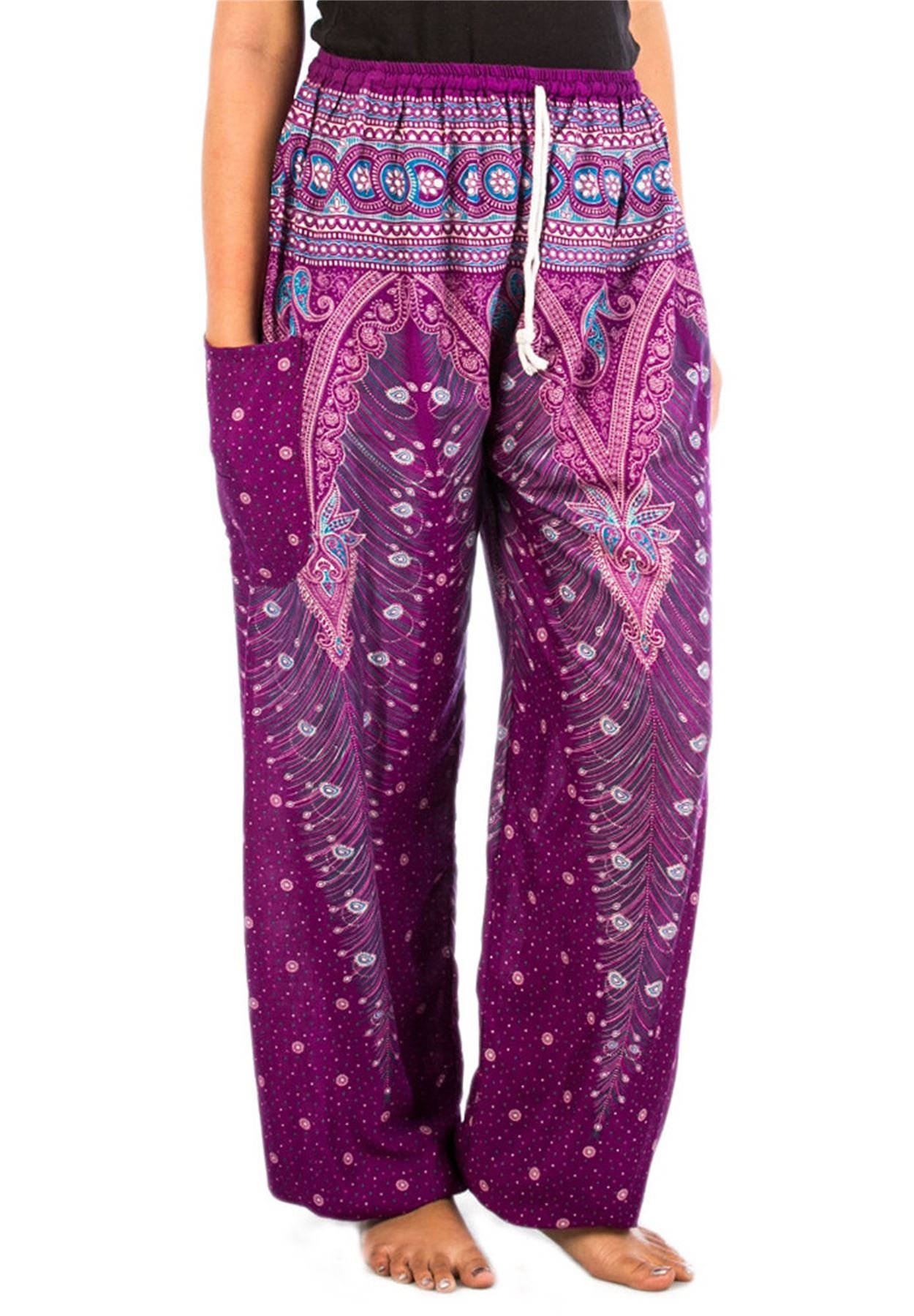 Lofbaz Women's Peacock 1 Drawstring Harem Boho Pants Purple & Blue 2XL
