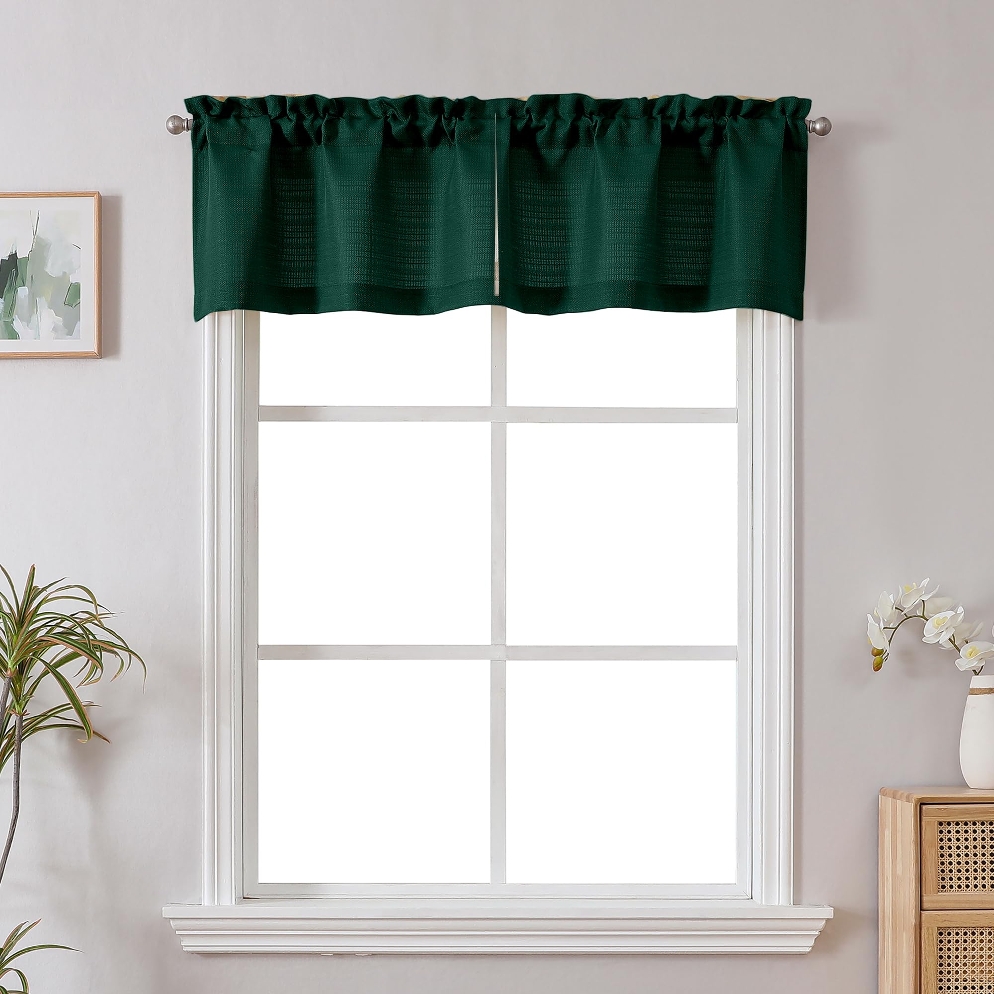 Chyhomenyc Christmas Hunter Green Faux Linen Slub TextuHunter Green Small Window Kitchen Valance Curtain, Rod Pocket Cafe Valance for Bathroom Laundry Basement, 30Wx14L inch, 2 Piece