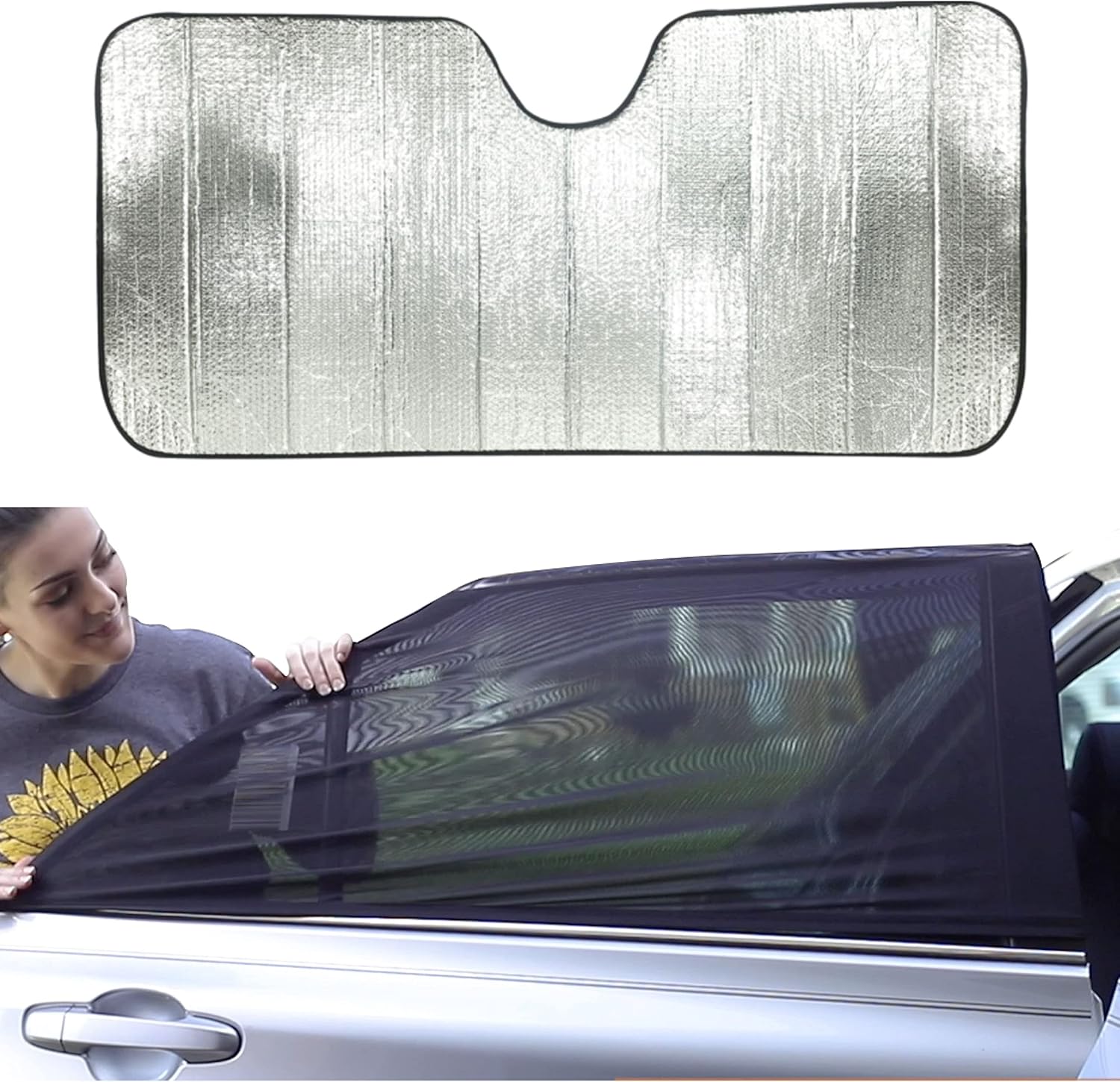 EcoNour Car Window Screens + Accordion Car Windshield Sunshade (Large 28x58 inches) | Offers Complete Sun Protection and Privacy Blackout