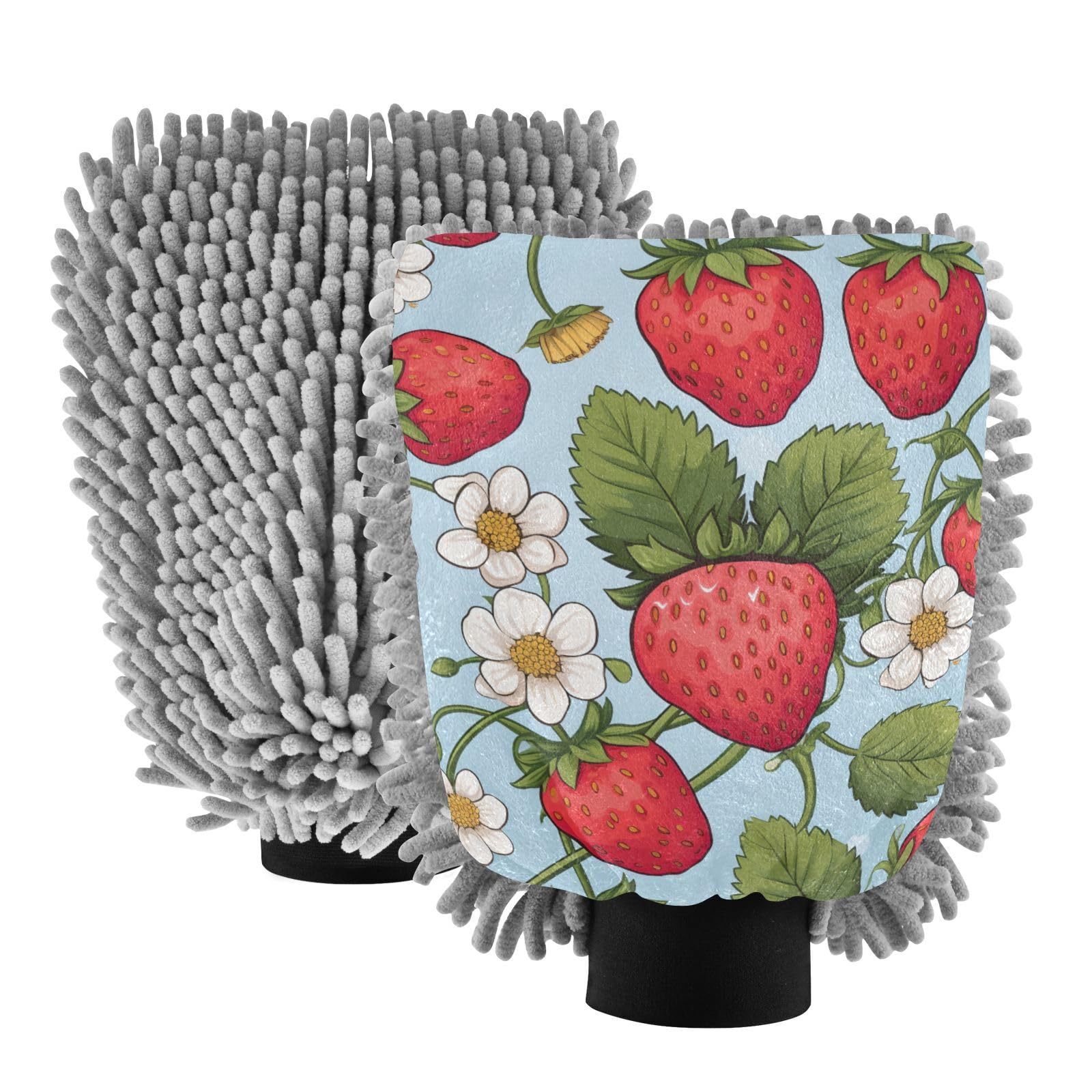 IOACIY Absorbent Microfiber Car Wash Drying Mitts, 2 Pack, Scratch-Free & Lint-Free, Rich Foam, Highly Absorbent, Double Sided, Wash Mitt Perfect for Car Washing, L, Cute Strawberry (8)