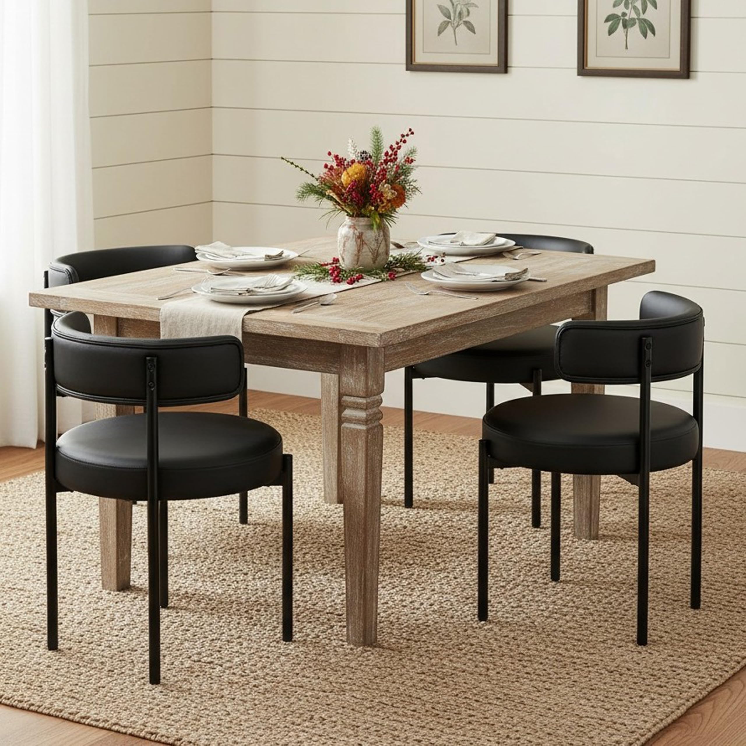 Forsalund Faux Leather Dining Chairs Set of 4, Upholstered Kitchen and Dining Room Chairs, Mid-Century Modern Dining Chairs with Round Back and Black