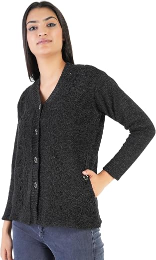 Women’s Woolen V-Neck Buttoned Full Sleeve Cardigan Self Design Soft Wool Fabric Winter Wear Pure Wool Sweater Fully Warm with Front Pockets Stylish Cardigan