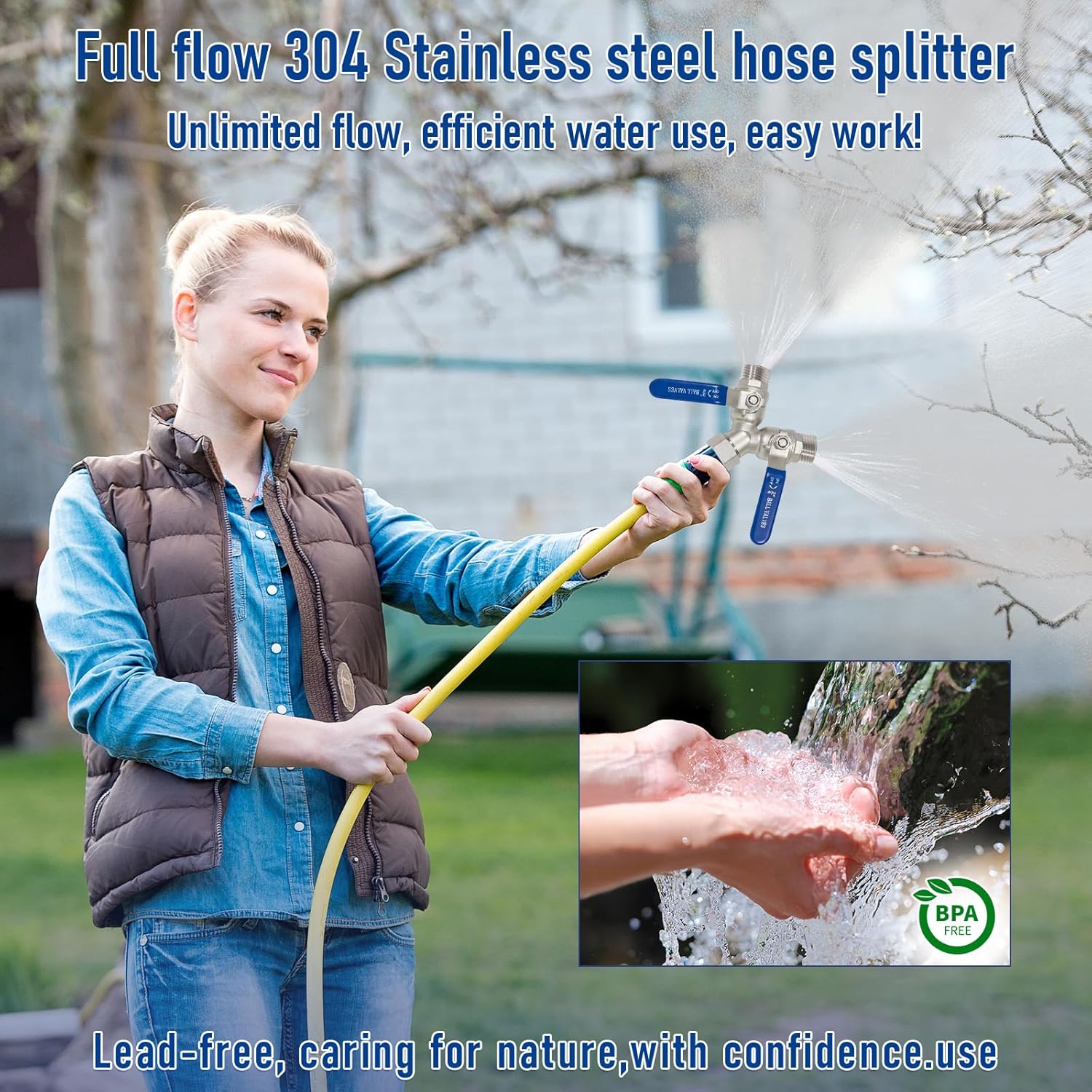 Garden Hose Splitter 2 Way, 304 Stainless Steel Heavy Duty Y Valve Water Hose Splitter With Long Handle Outdoor Full Flow Hose Splitter Connector, 3/4 Inch GHT Thread.
