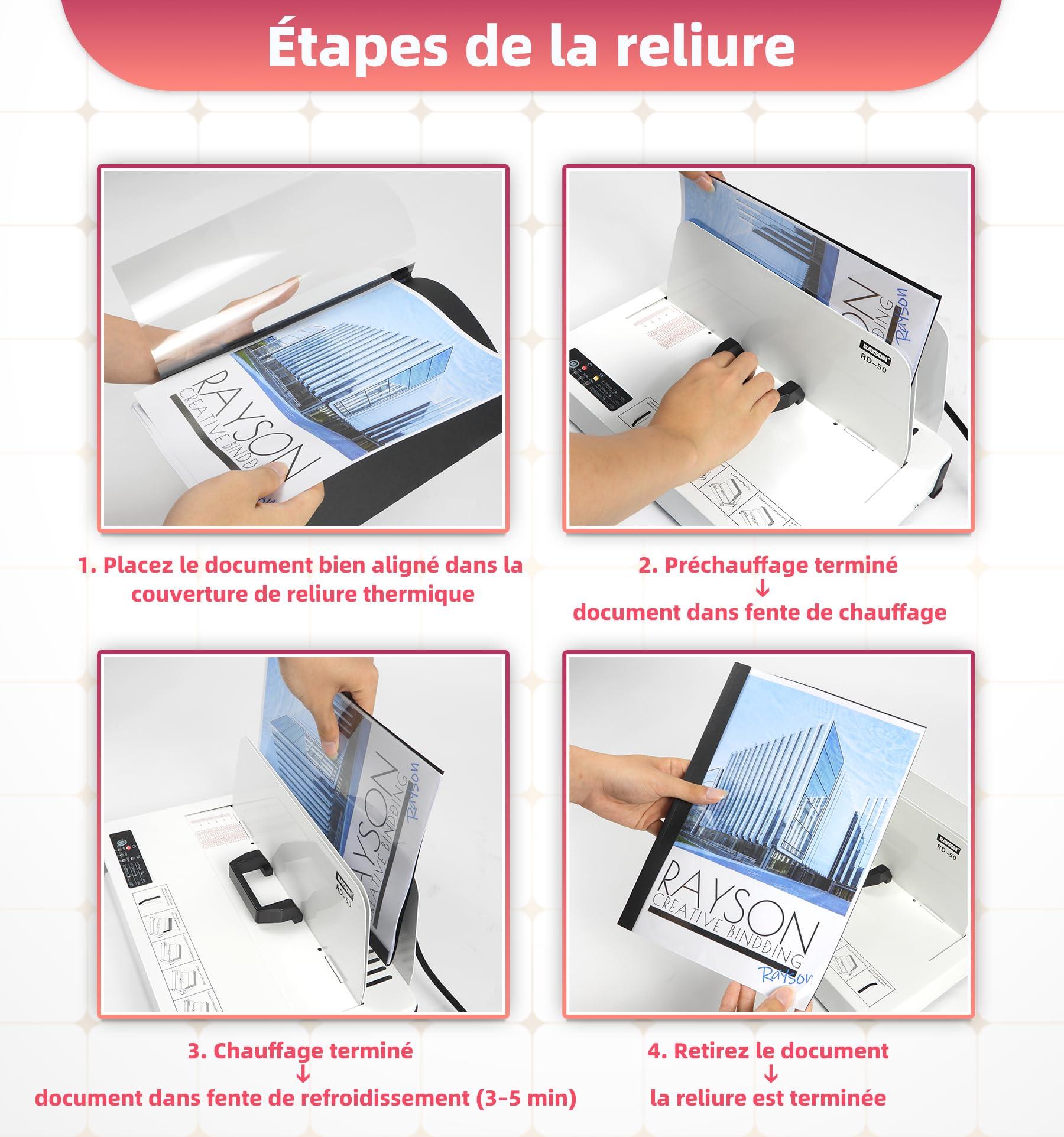RAYSON Thermorelieuse, Relie 480 Feuilles, 50 mm d’épaisseur, RD-50 | Construction métallique, Avec pochettes de thermoreliure incluses
