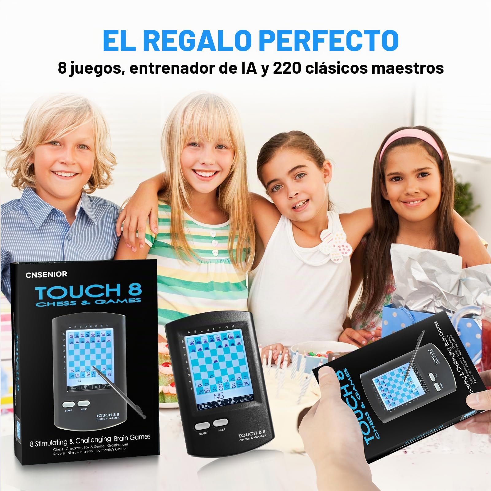 Juego de ajedrez portátil (8 en 1 con entrenamiento de IA, pantalla HD de 7,4 cm, juego de ajedrez de viaje portátil para niños y adultos, más de 220 juegos