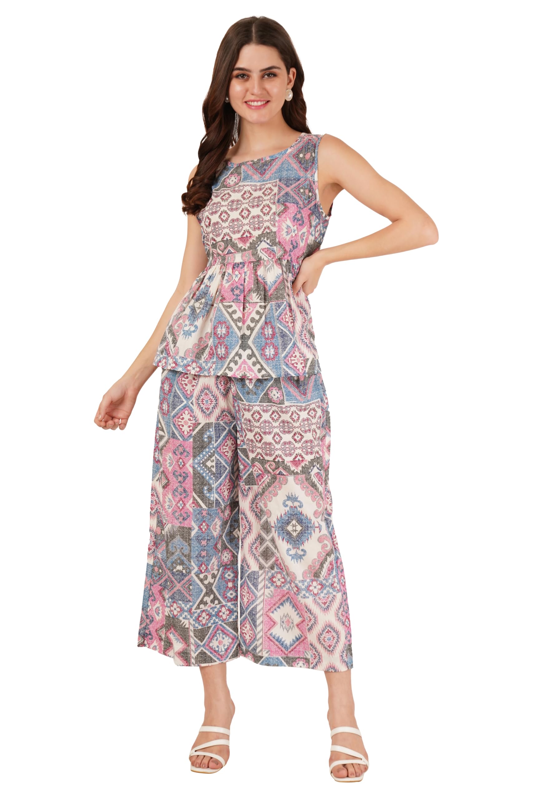 Jaipuri Cotton Printed Sleeveless Peplum Top with Pants Co-Ord Set for Women