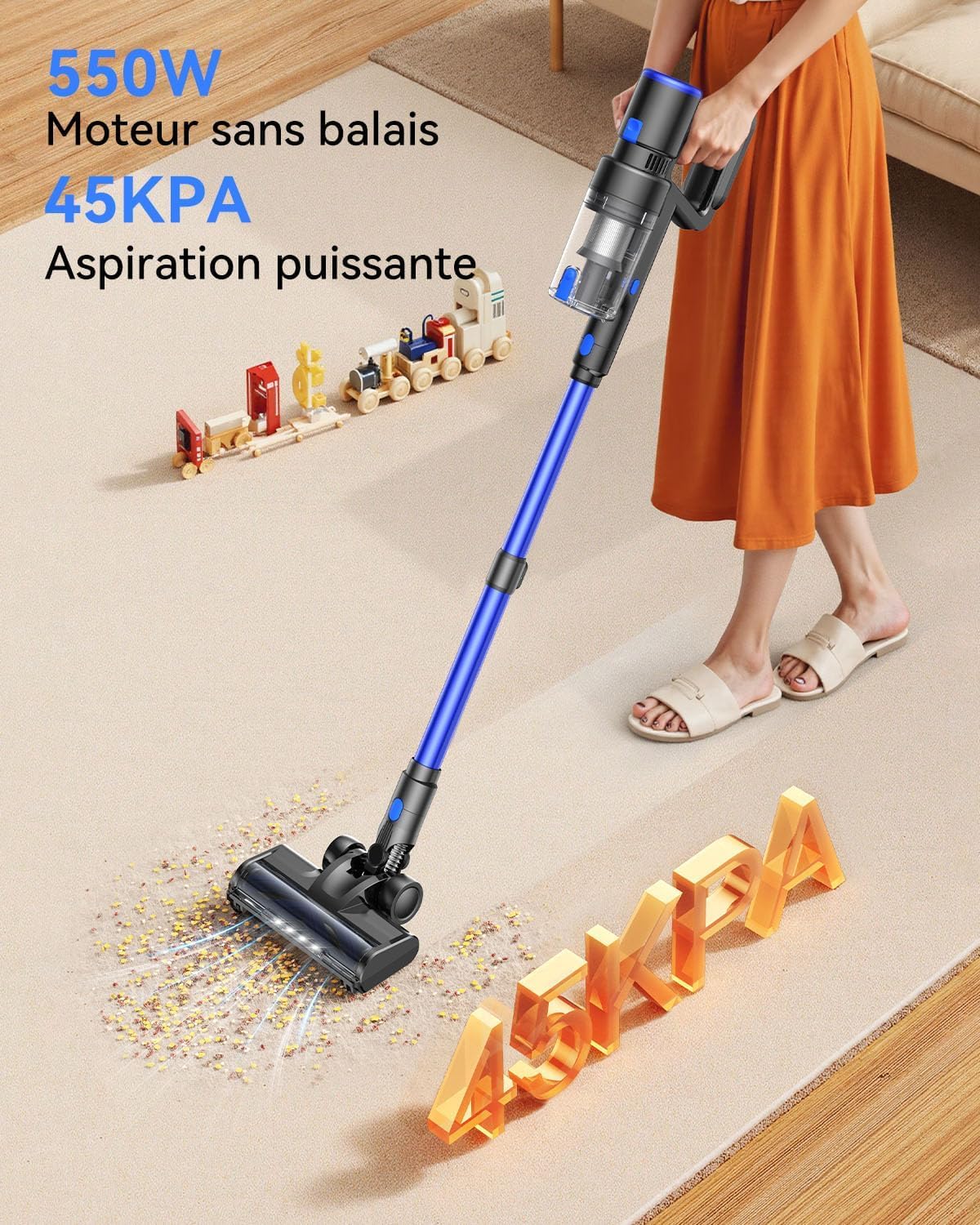 550W/45KPa Aspirateur Balai sans Fil, 50 Min d’Autonomie Aspirateur sans Fil Autoportant, Brosse Anti-Enchevêtrement & Éclairage LED, pour Sols Durs, Tapis et Poils d’Animaux (Bleu)